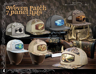 Pointer Birddog Hunting Woven Patch Old School Camo Hat. 7-Panel Richardson 168 Trucker Snapback Cap
