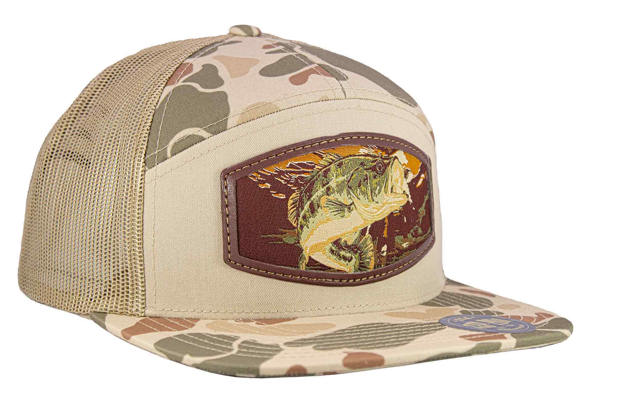 Bass Woven Patch Old School Camo Hat. 7-Panel Modern Flat Bill Cap. Richardson 168 Trucker Snapback. Zep-Pro Trucker Hat. Largemouth Bass