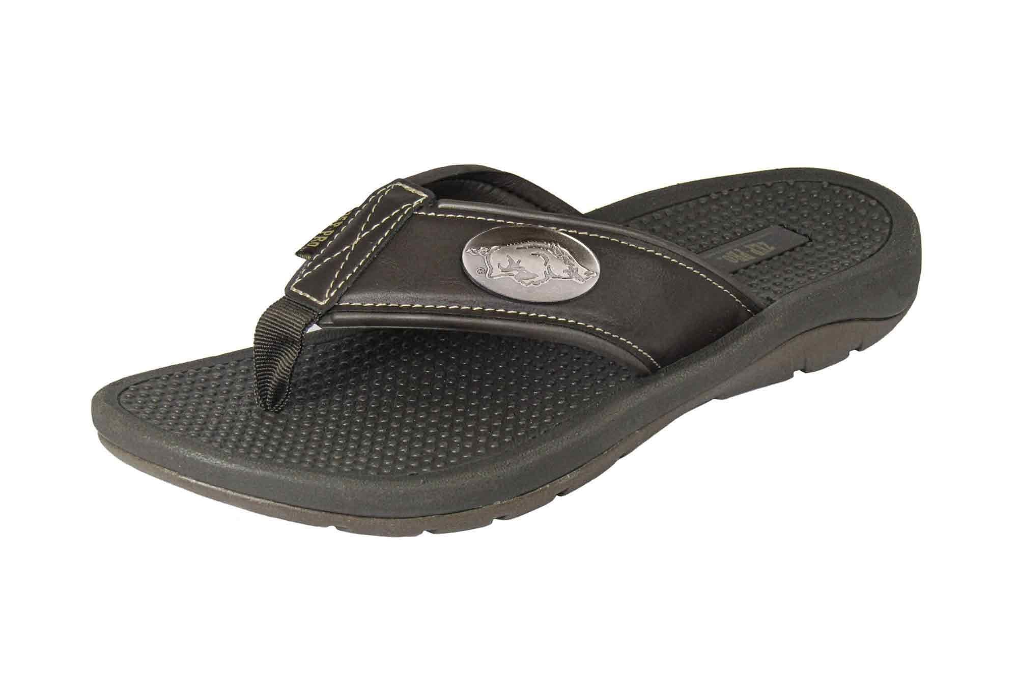 Arkansas Razorbacks Men's Collegiate Flip Flop Sandal. Brown Straps With Metal Concho Logo. Cushioned Insole and Non-skid Outsole.
