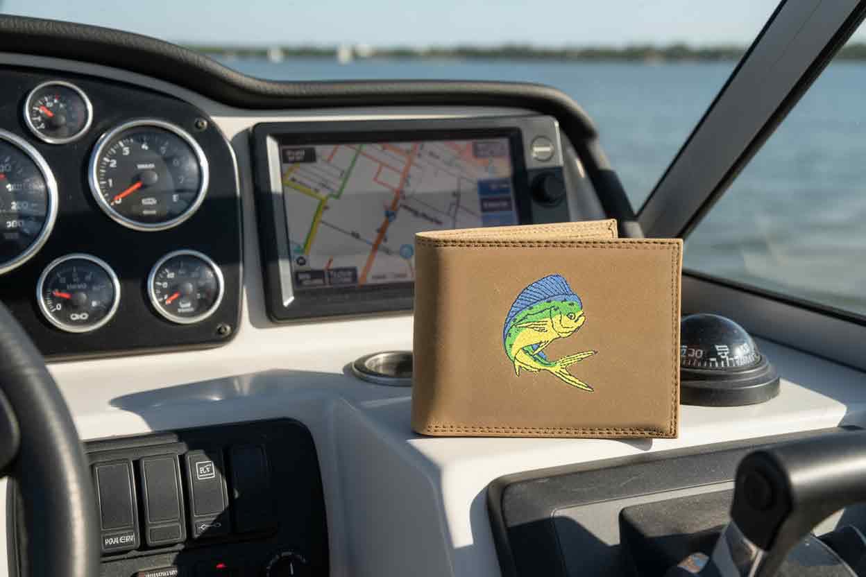 Mahi-mahi Men's Embroidered Leather Wallet. Bifold Passcase. Trifold Wallet. Embroidered Dolphin Wallet. Fishing and Boating Gift.