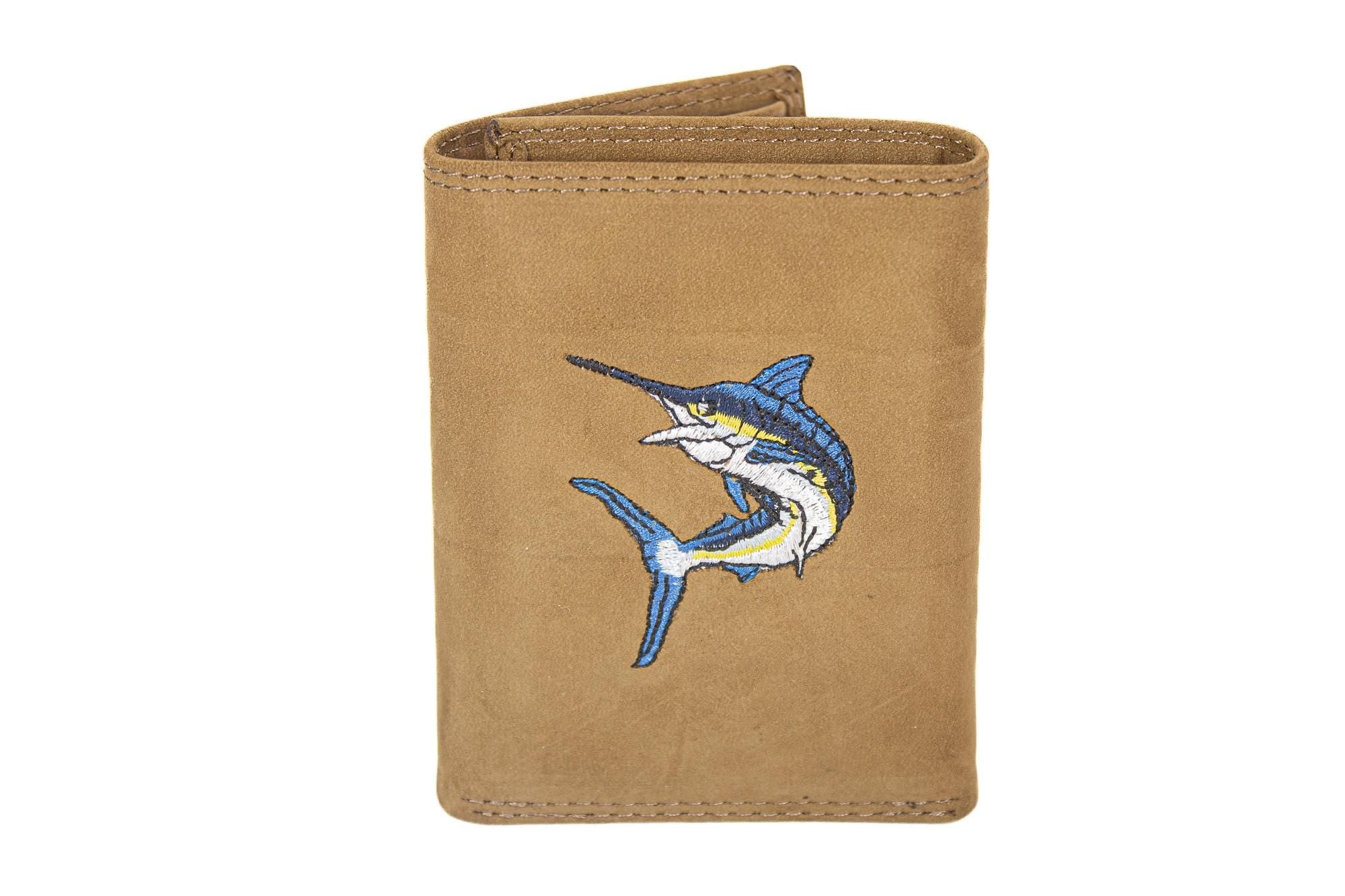 Marlin Men's Embroidered Leather Wallet. Bifold Passcase. Trifold Wallet. Embroidered Marlin Wallet. Fishing and Boating Gift.