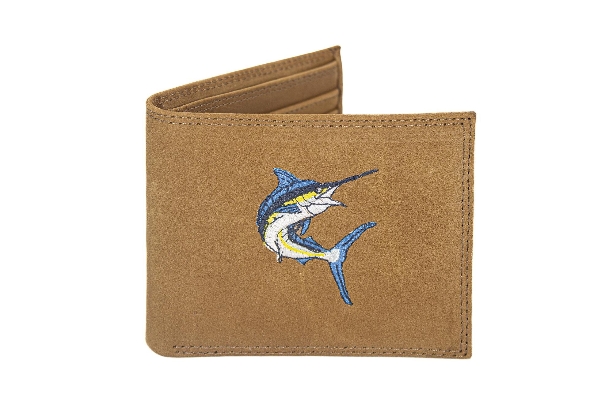 Marlin Men's Embroidered Leather Wallet. Bifold Passcase. Trifold Wallet. Embroidered Marlin Wallet. Fishing and Boating Gift.