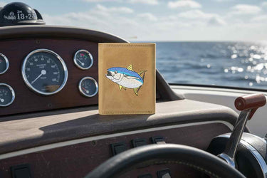 Yellow Tuna Men's Embroidered Leather Wallet. Bifold Passcase. Trifold Wallet. Embroidered Yellow Tuna Wallet. Fishing and Boating Gift.