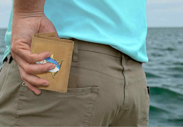 Yellow Tuna Men's Embroidered Leather Wallet. Bifold Passcase. Trifold Wallet. Embroidered Yellow Tuna Wallet. Fishing and Boating Gift.