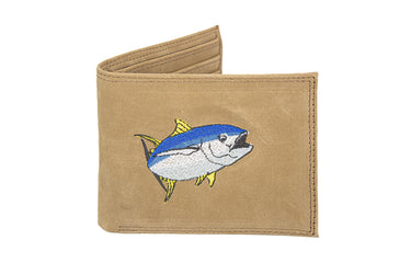 Yellow Tuna Men's Embroidered Leather Wallet. Bifold Passcase. Trifold Wallet. Embroidered Yellow Tuna Wallet. Fishing and Boating Gift.