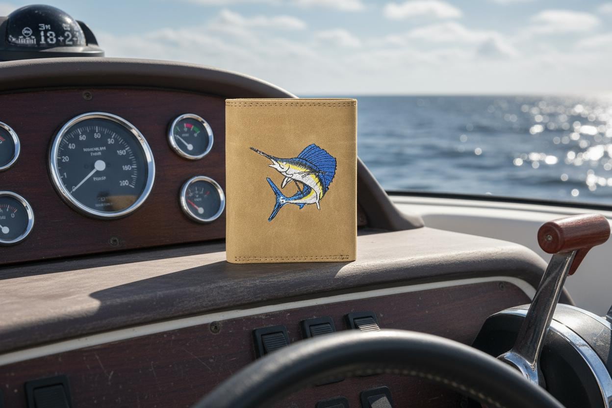 Sailfish Men's Embroidered Leather Wallet. Bifold Passcase. Trifold Wallet. Embroidered Sailfish Wallet. Fishing and Boating Gift.