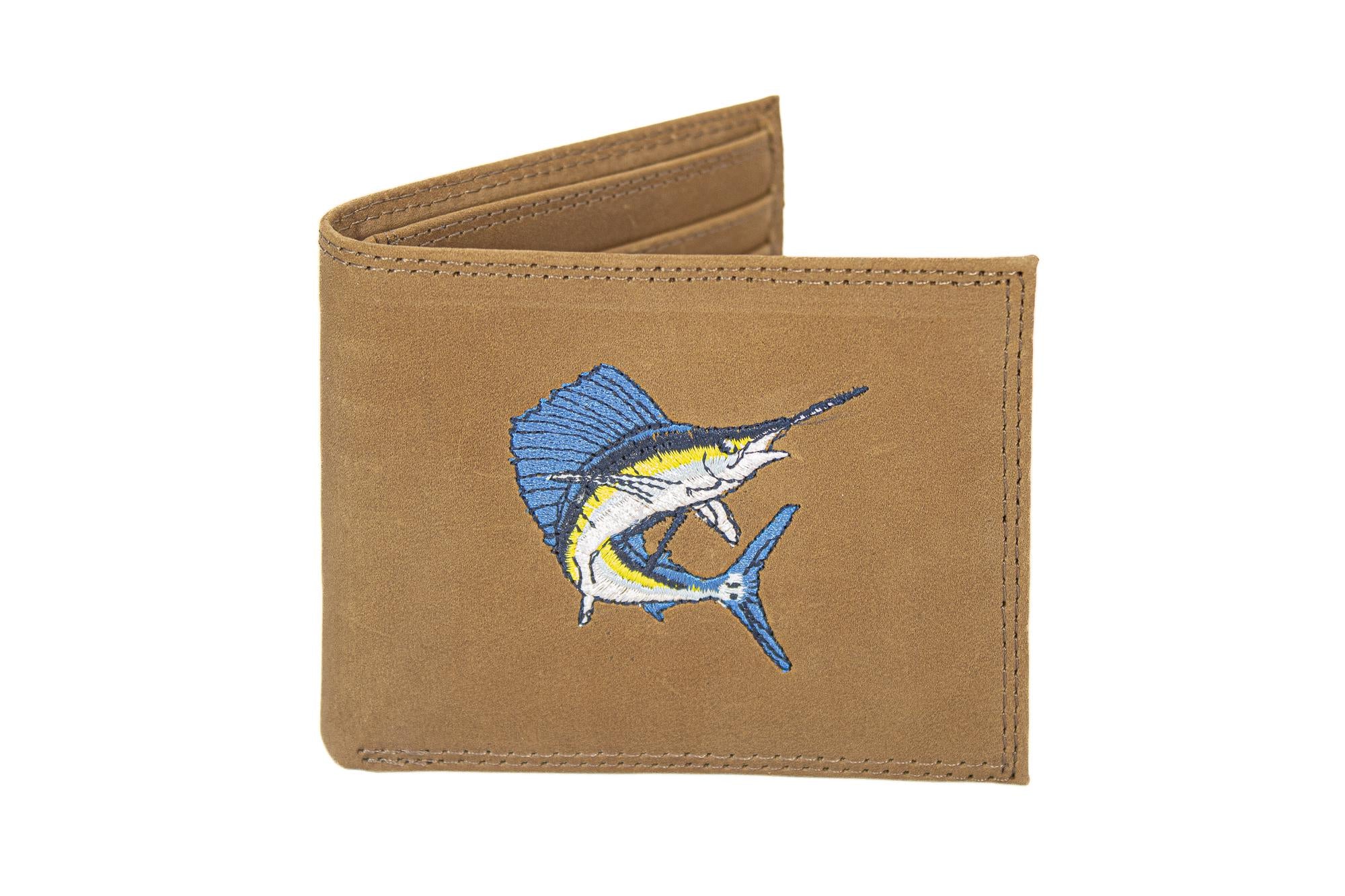 Sailfish Men's Embroidered Leather Wallet. Bifold Passcase. Trifold Wallet. Embroidered Sailfish Wallet. Fishing and Boating Gift.