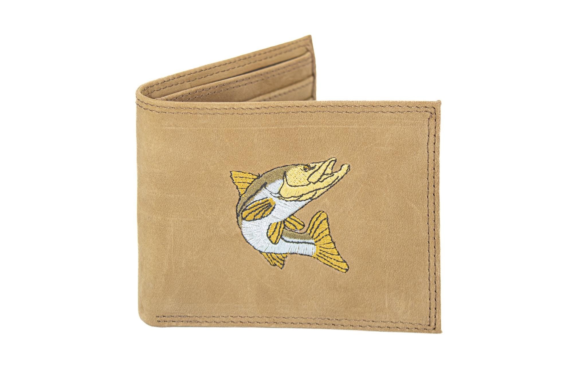 Snook Men's Embroidered Leather Wallet. Bifold Passcase. Trifold Wallet. Embroidered Snook Wallet. Fishing and Boating Gift.