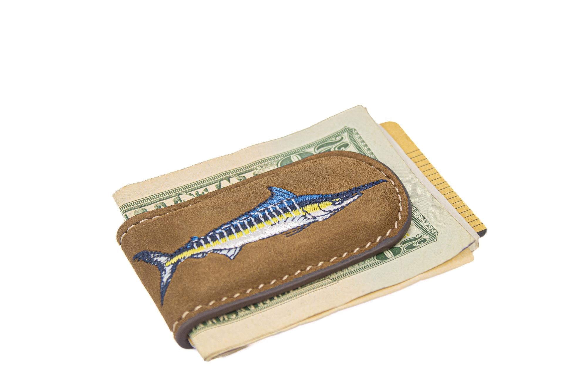Embroidered Fish Leather Money Clip. Magnetic Clip. Brown Crazyhorse Finish. Marlin. Dolphin Mahi. Sailfish. Redfish. Snook. Tarpon.