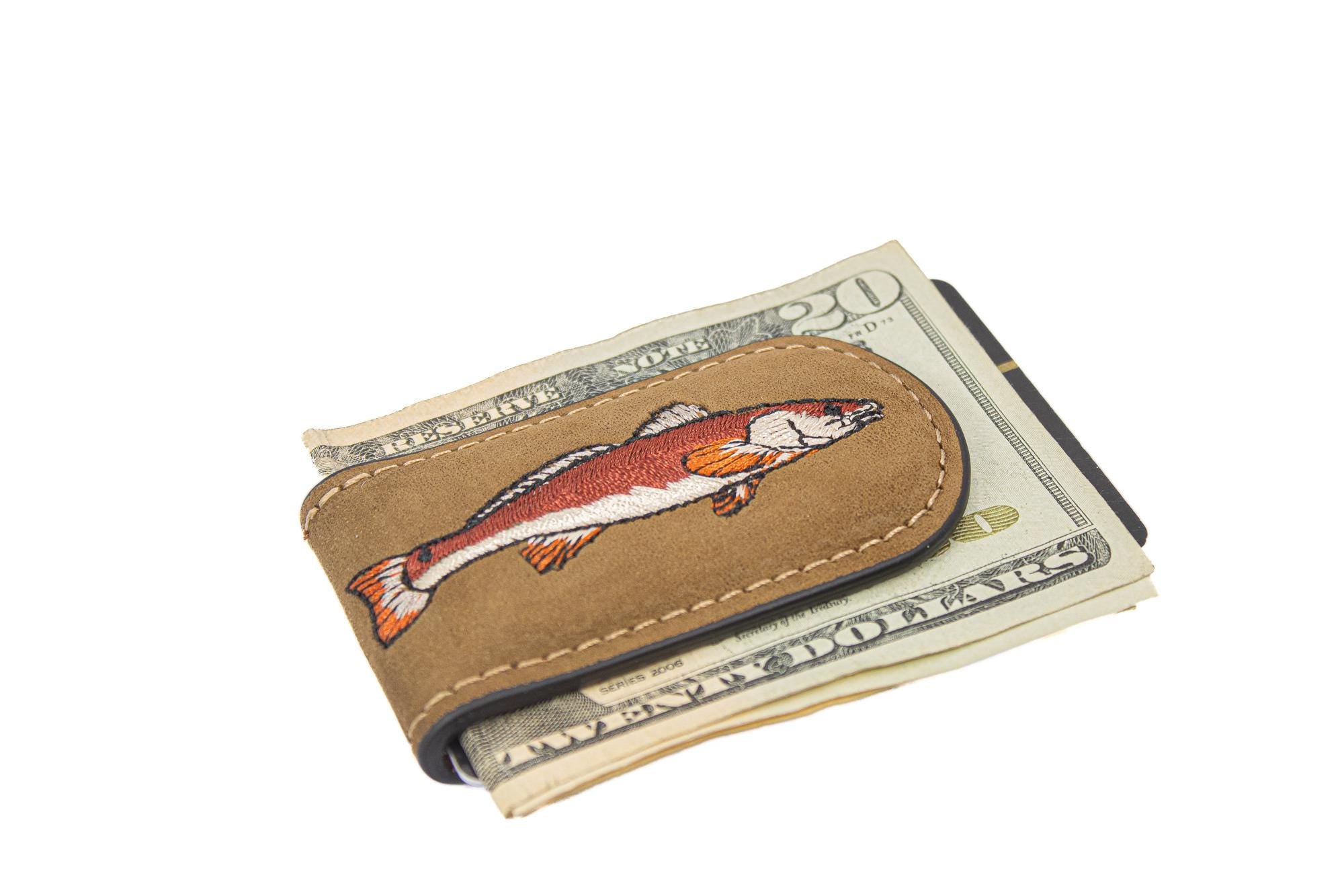 Embroidered Fish Leather Money Clip. Magnetic Clip. Brown Crazyhorse Finish. Marlin. Dolphin Mahi. Sailfish. Redfish. Snook. Tarpon.