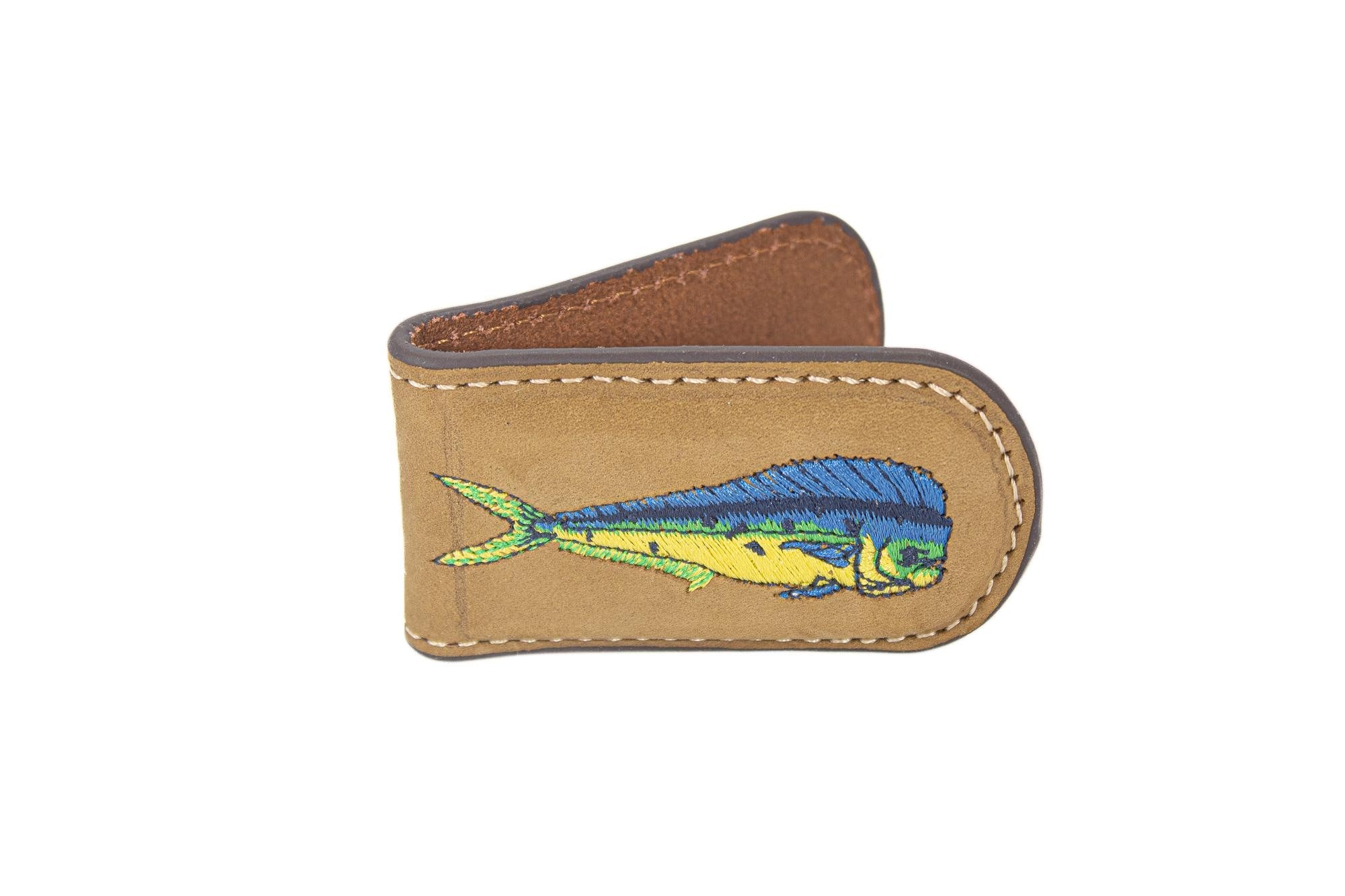 Embroidered Fish Leather Money Clip. Magnetic Clip. Brown Crazyhorse Finish. Marlin. Dolphin Mahi. Sailfish. Redfish. Snook. Tarpon.