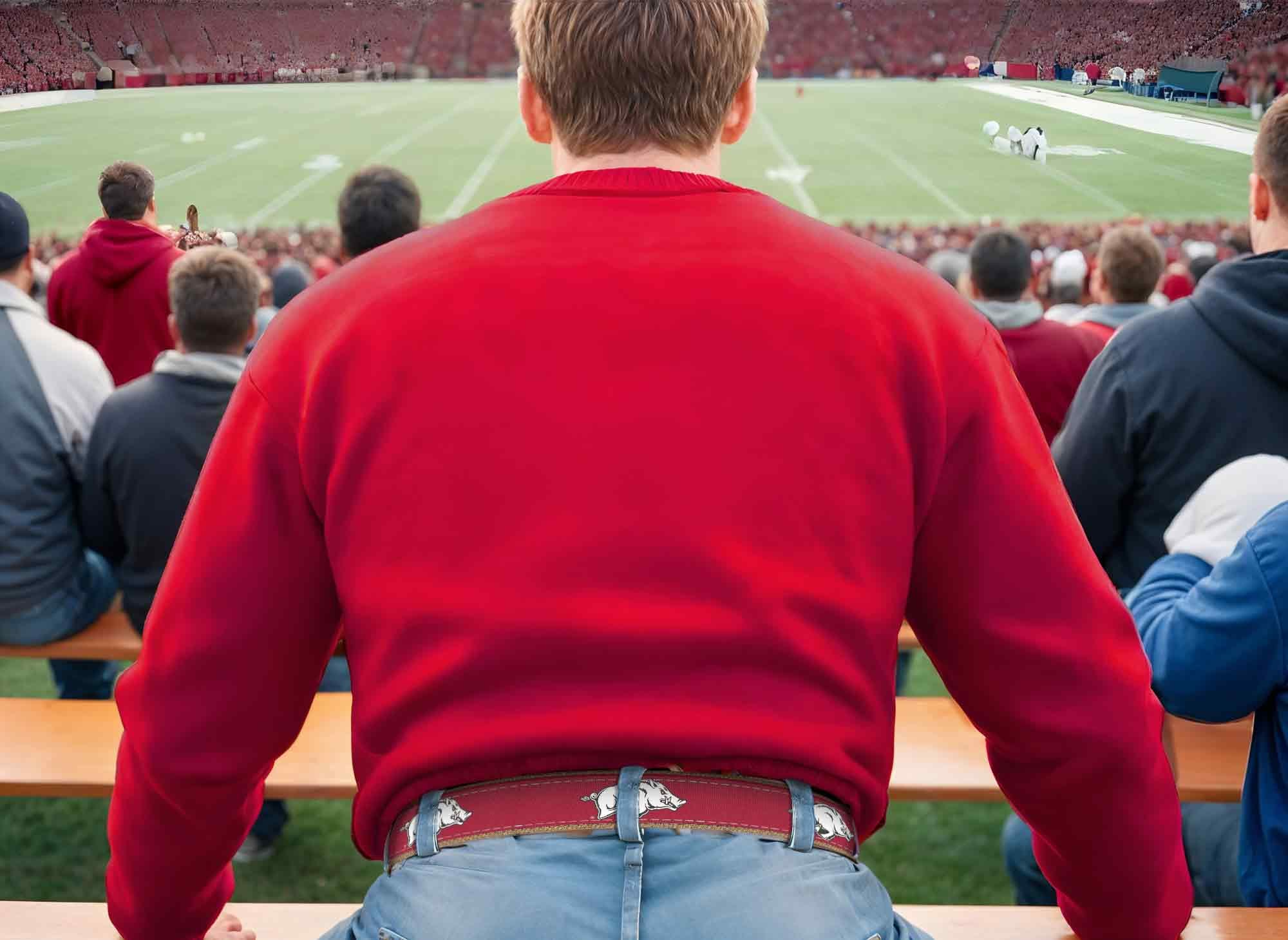 Arkansas Razorbacks Men's Collegiate Woven Ribbon Belt. Tan Full Grain Leather Tabs, Solid Brass Buckle and Cotton Webbing. ARK Merch