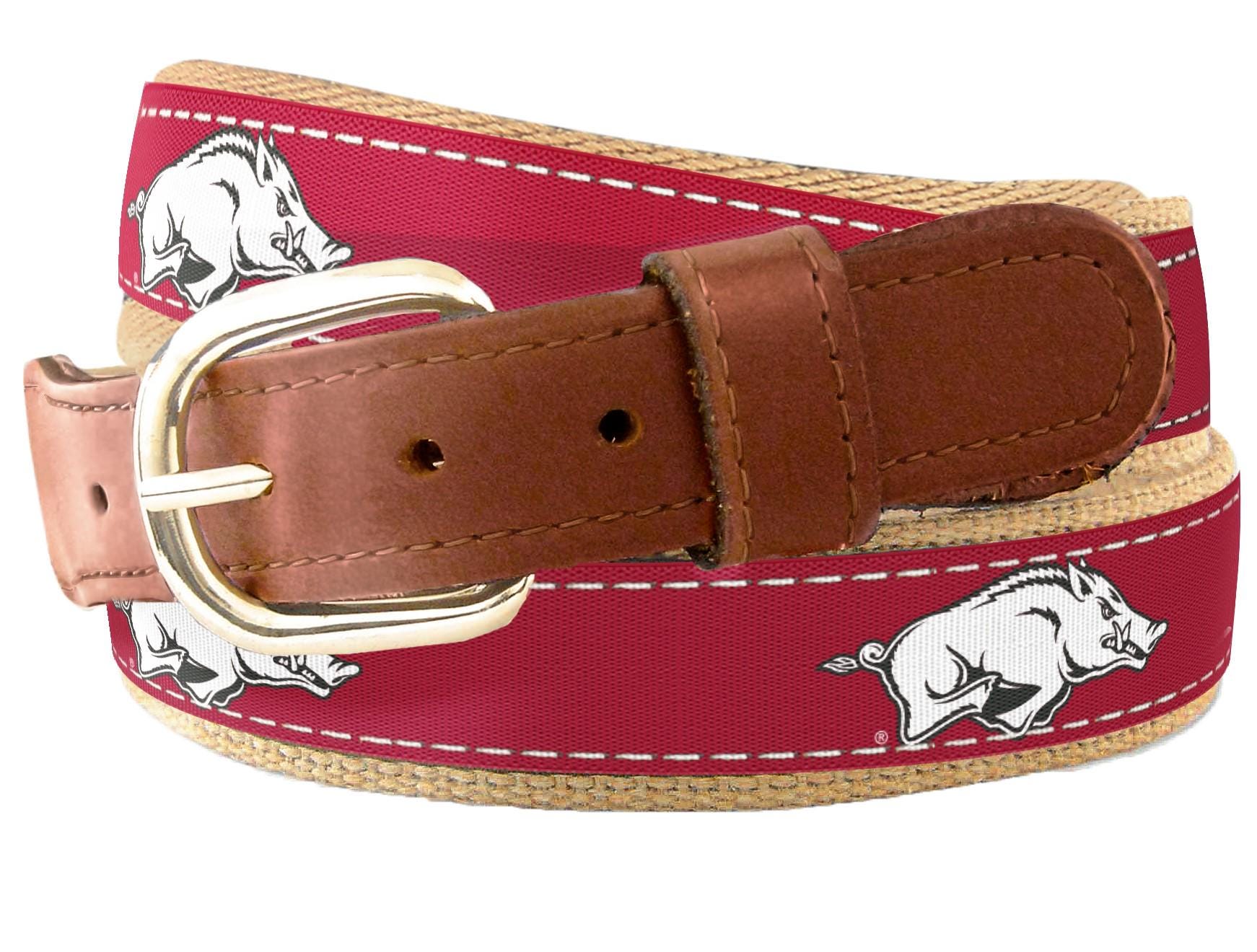 Arkansas Razorbacks Men's Collegiate Woven Ribbon Belt. Tan Full Grain Leather Tabs, Solid Brass Buckle and Cotton Webbing. ARK Merch