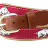 Arkansas Razorbacks Men's Collegiate Woven Ribbon Belt. Tan Full Grain Leather Tabs, Solid Brass Buckle and Cotton Webbing. ARK Merch