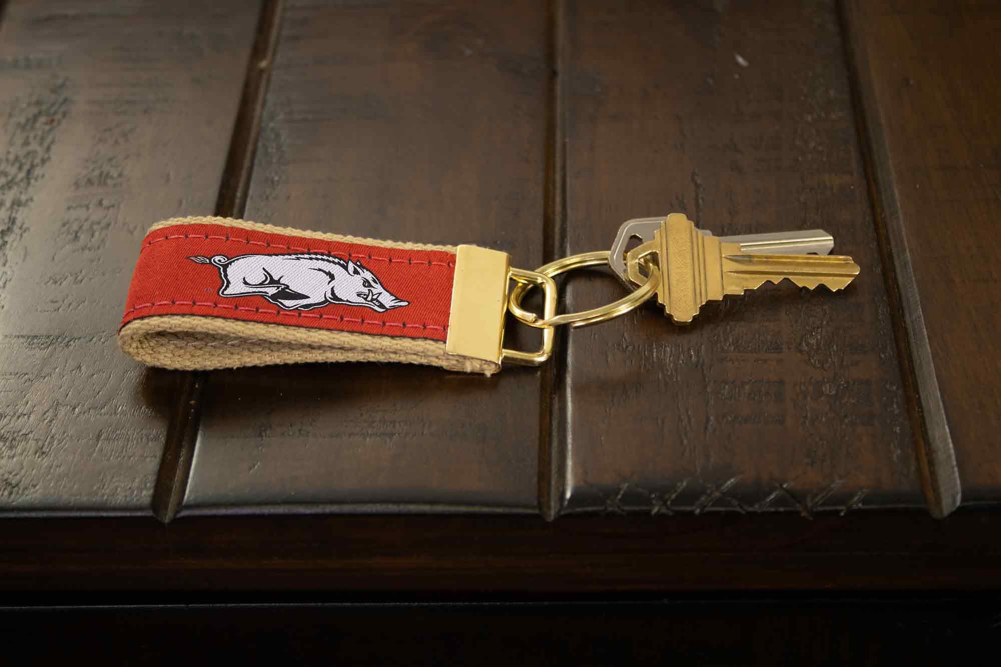Arkansas Razorbacks Collegiate Woven Ribbon Key Chain. Arkansas Key Fob. Razorbacks Gift. Crimson Tide Key Ring. Brass Clasp and O-Ring.