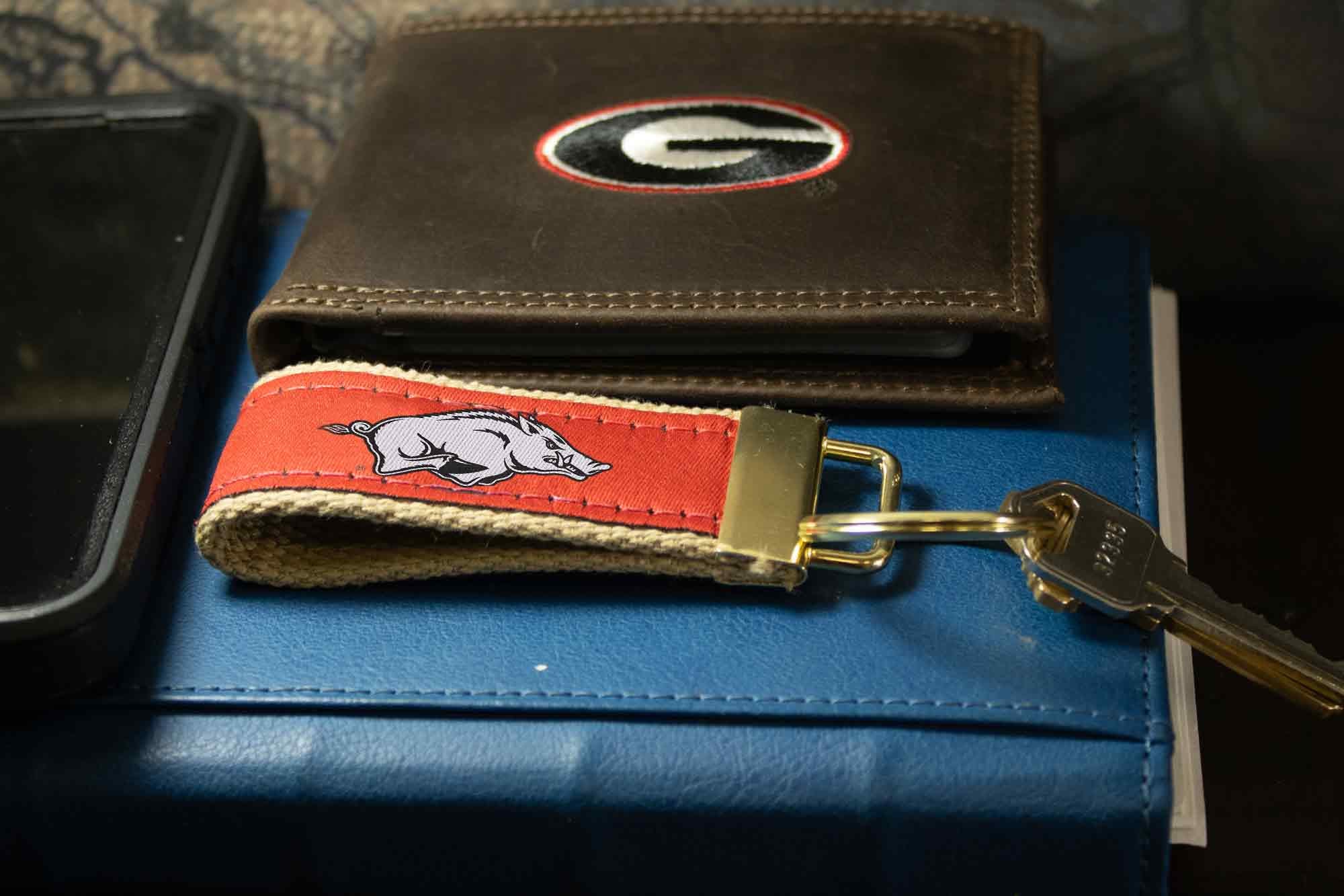 Arkansas Razorbacks Collegiate Woven Ribbon Key Chain. Arkansas Key Fob. Razorbacks Gift. Crimson Tide Key Ring. Brass Clasp and O-Ring.