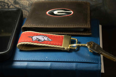 Arkansas Razorbacks Collegiate Woven Ribbon Key Chain. Arkansas Key Fob. Razorbacks Gift. Crimson Tide Key Ring. Brass Clasp and O-Ring.