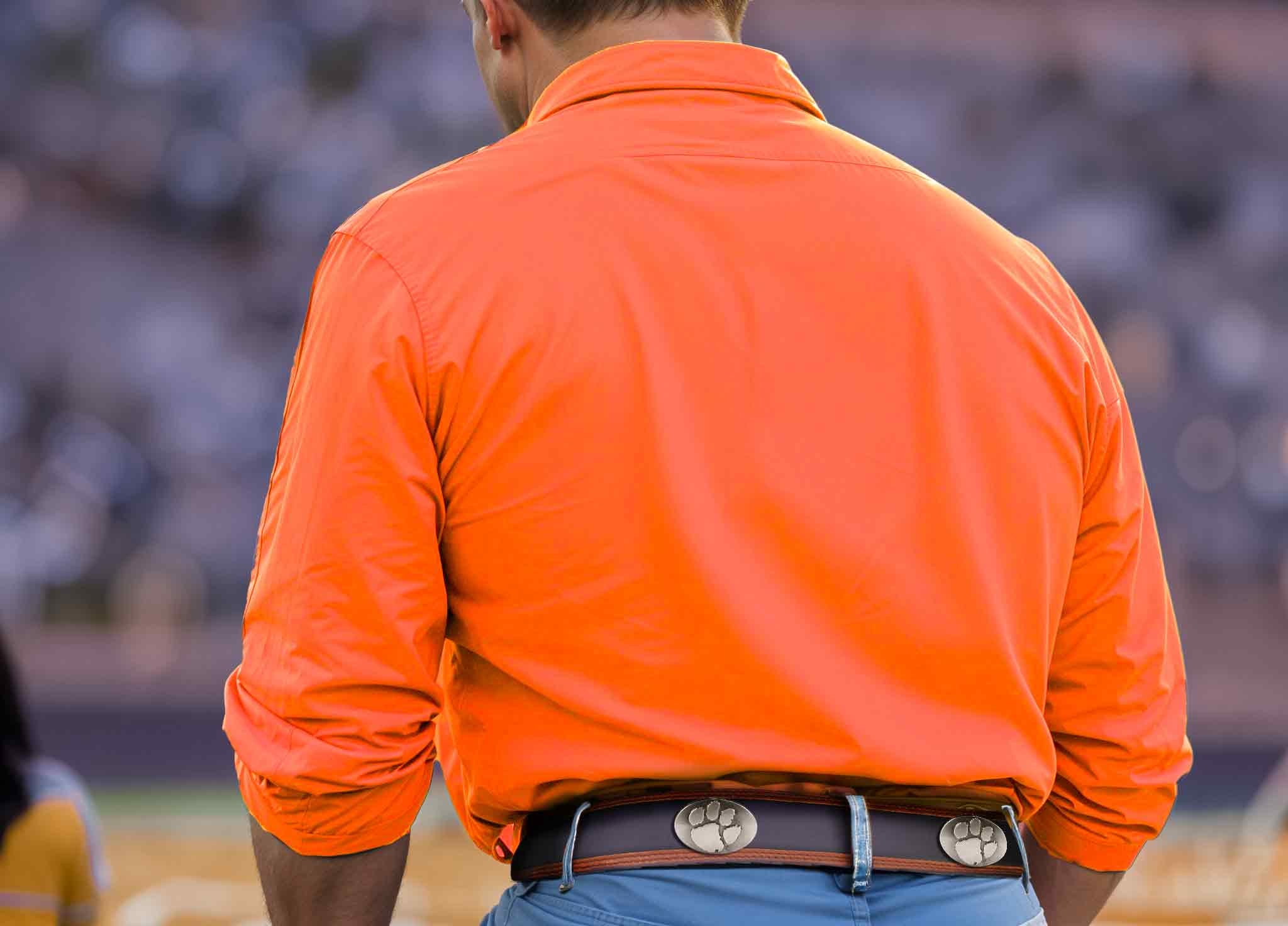 Clemson Tigers Men's Collegiate Two Tone Leather Belt. Black With Brown Trim Full Grain Finish. Metal Emblem Conchos. Clemson Gifts