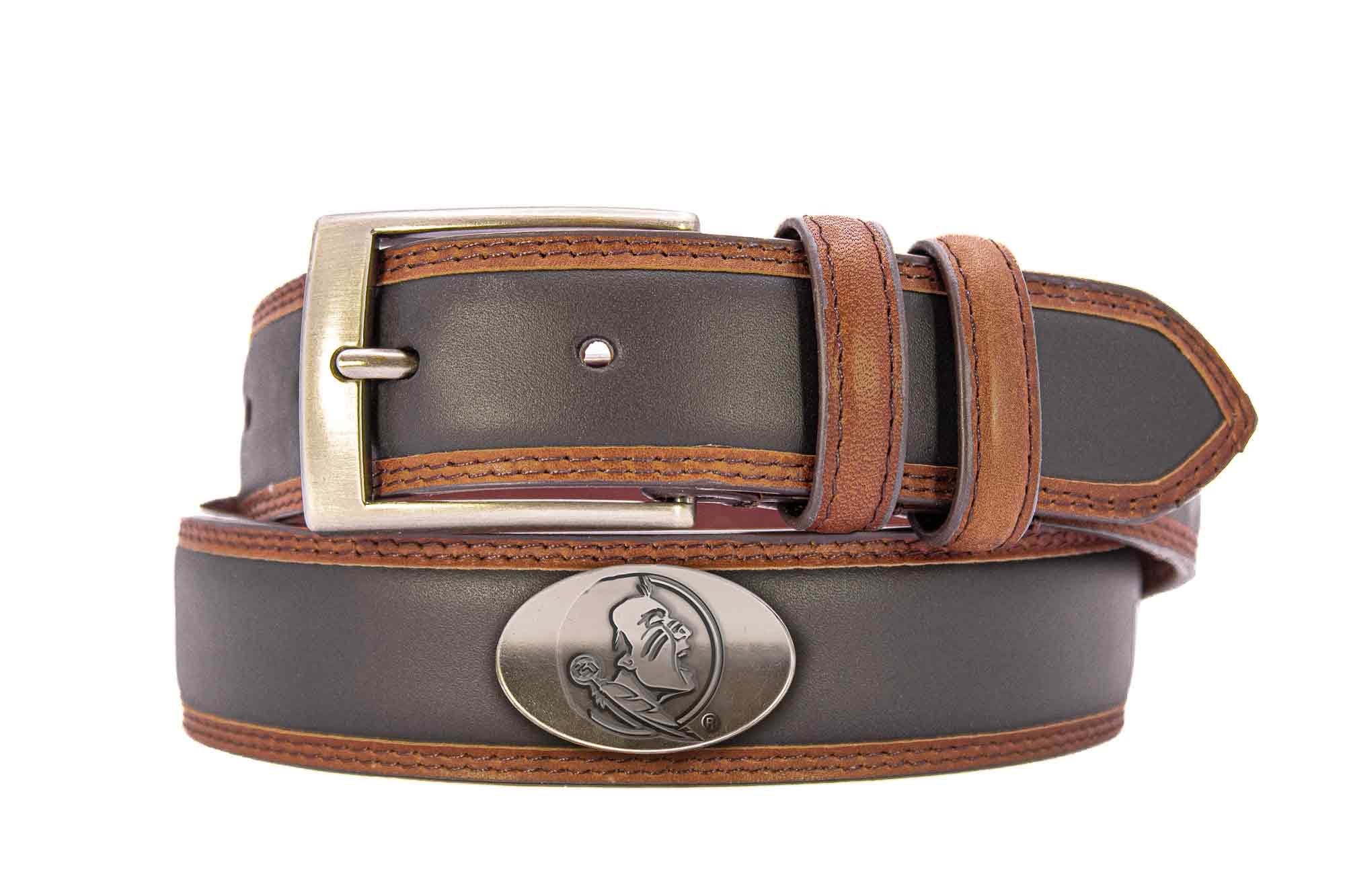 FSU Seminoles Men's Collegiate Two Tone Leather Belt. Black With Brown Trim Full Grain Finish. Metal Emblem Conchos. Nole Gifts