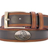FSU Seminoles Men's Collegiate Two Tone Leather Belt. Black With Brown Trim Full Grain Finish. Metal Emblem Conchos. Nole Gifts
