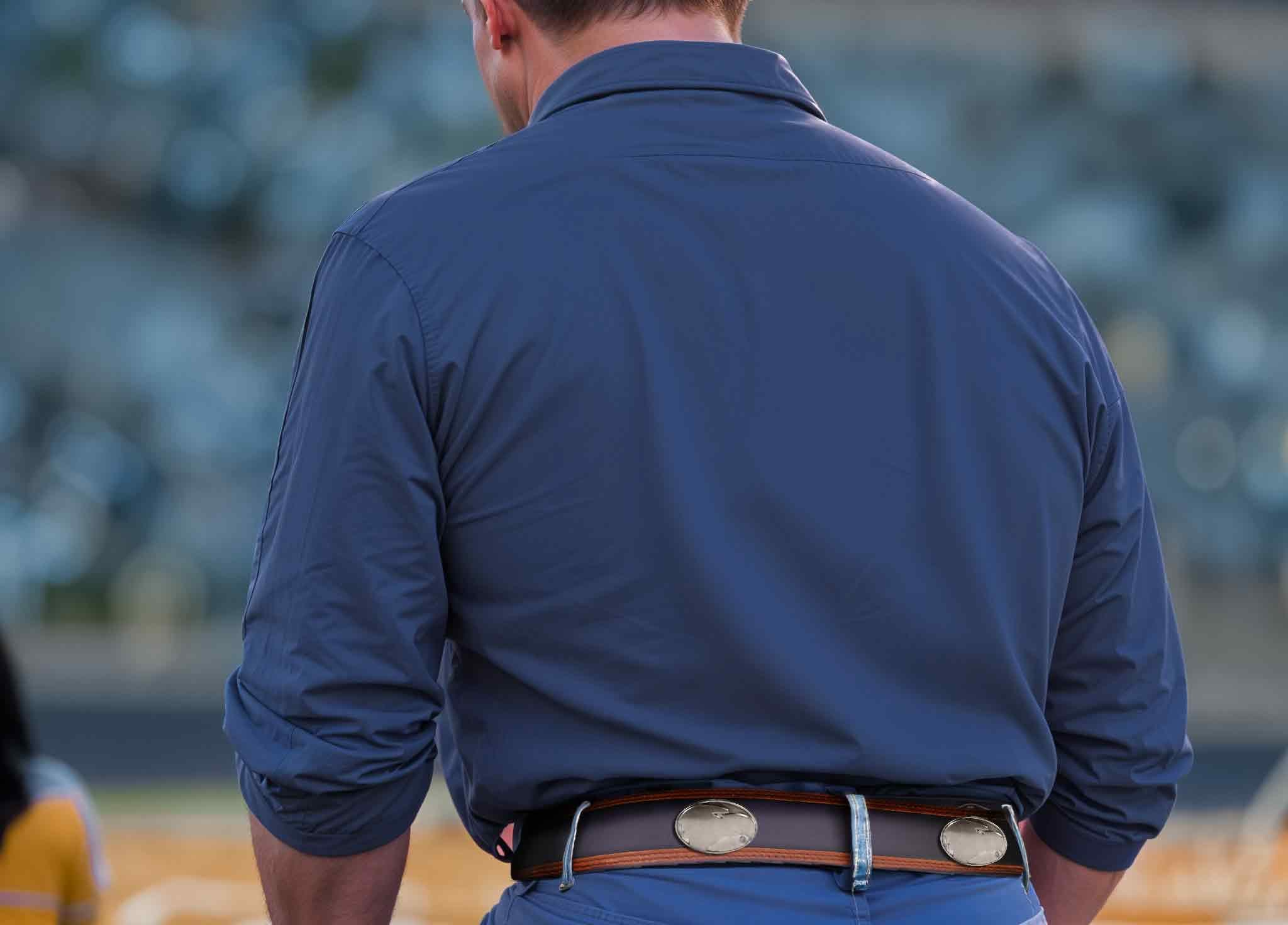 Georgia Southern Eagles Men's Collegiate Two Tone Leather Belt. Black With Brown Trim Full Grain Finish. Metal Emblem Conchos. GSU Gifts