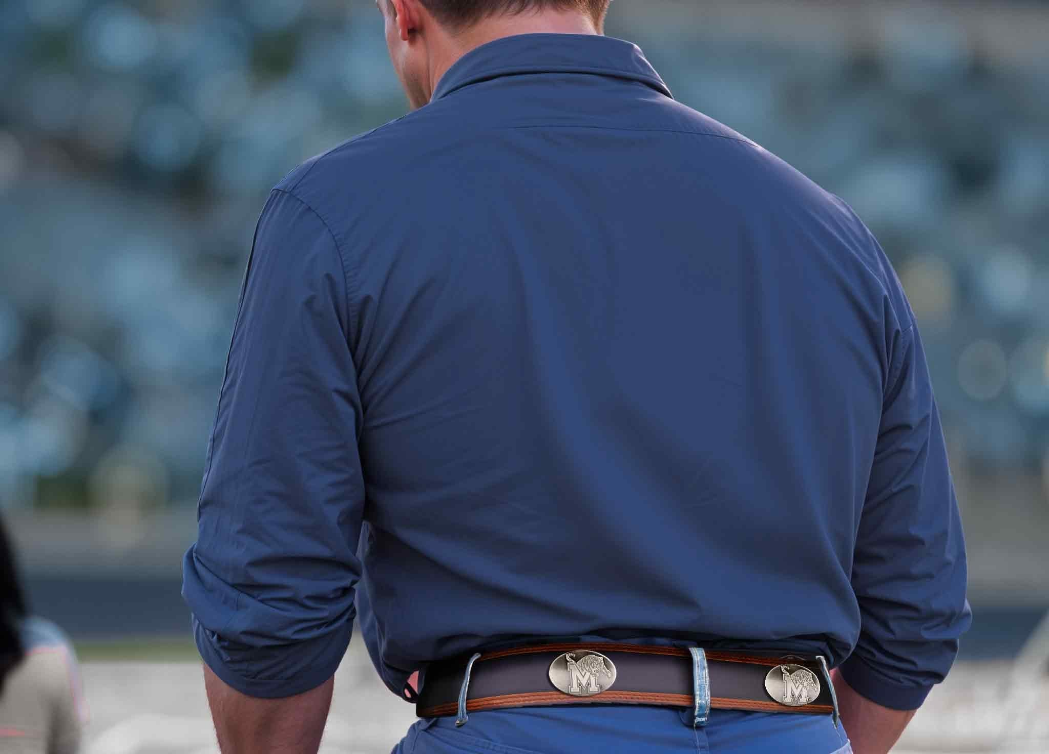 Memphis Tigers Men's Collegiate Two Tone Leather Belt. Black With Brown Trim Full Grain Finish. Metal Emblem Conchos. Memphis Gifts