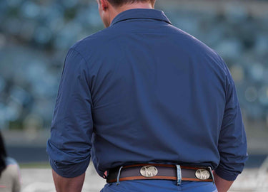 Memphis Tigers Men's Collegiate Two Tone Leather Belt. Black With Brown Trim Full Grain Finish. Metal Emblem Conchos. Memphis Gifts