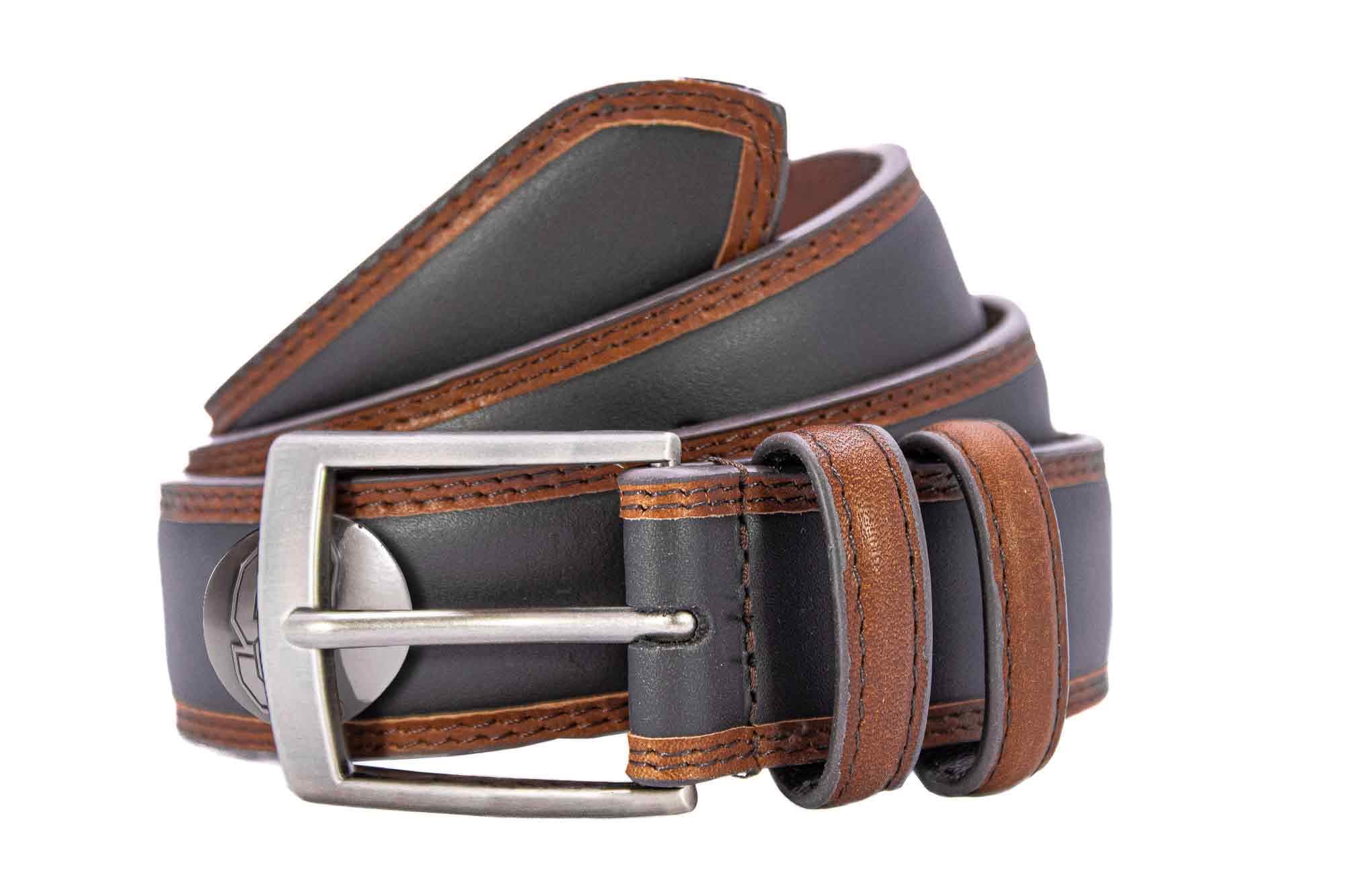 NC State Wolfpack Men's Collegiate Two Tone Leather Belt. Black With Brown Trim Full Grain Finish. Metal Emblem Conchos. Wolfpack Gifts