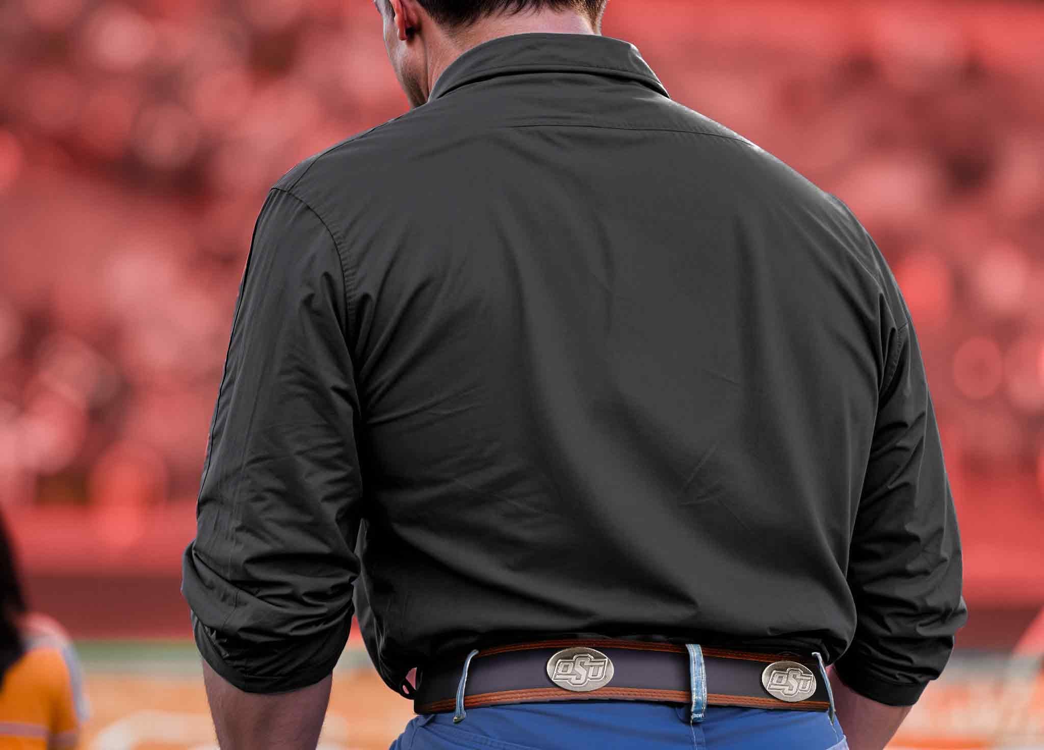 Oklahoma State Cowboys Men's Collegiate Two Tone Leather Belt. Black With Brown Trim Full Grain Finish. Metal Emblem Conchos. OSU Gifts