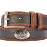 Ohio State Buckeyes Men's Collegiate Two Tone Leather Belt. Black With Brown Trim Full Grain Finish. Metal Emblem Conchos. Buckeye Gifts