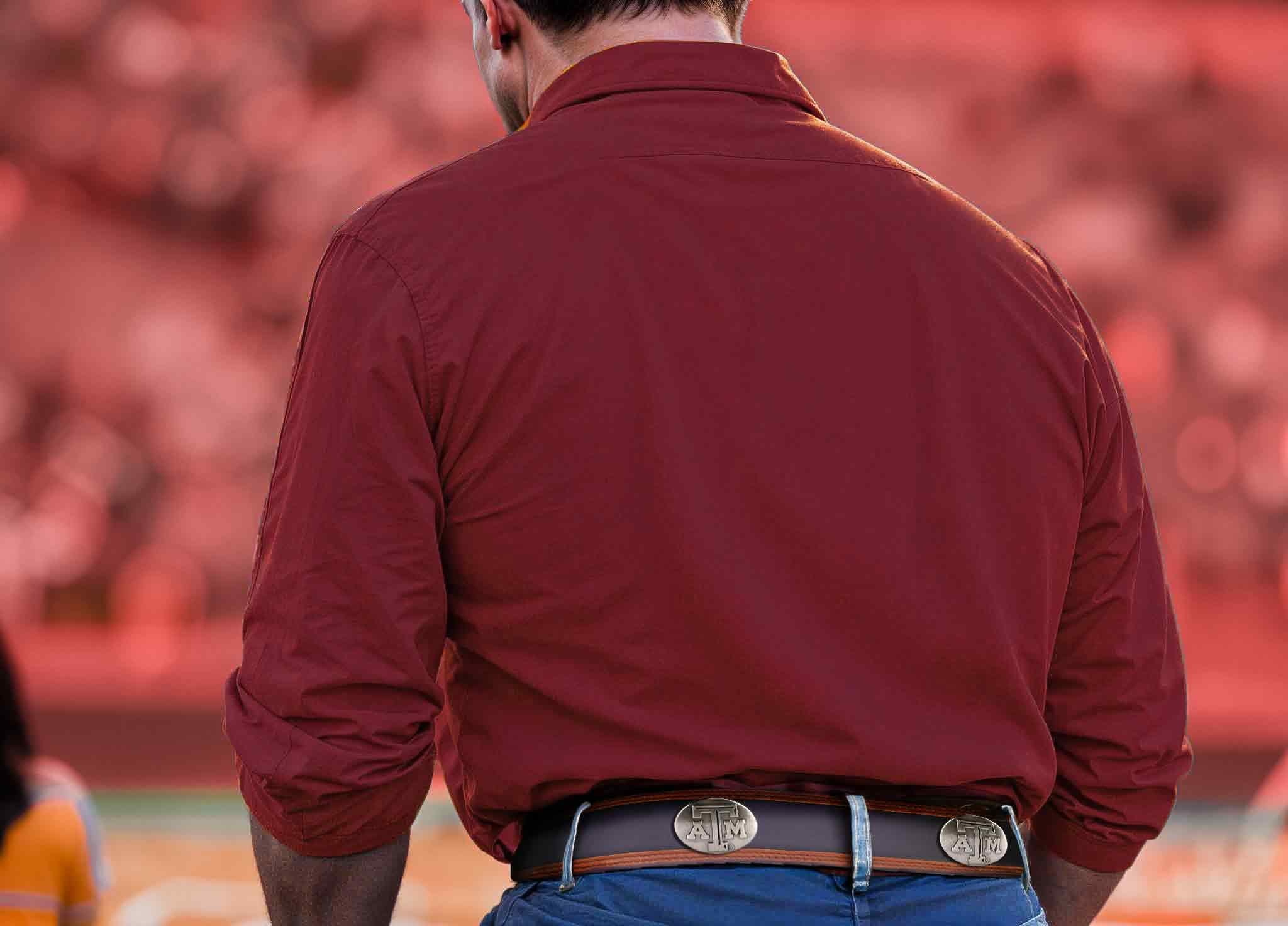 Texas A&M Aggies Men's Collegiate Two Tone Leather Belt. Black With Brown Trim Full Grain Finish. Metal Emblem Conchos. Aggie Gifts