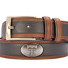 Texas Tech Red Raiders Men's Collegiate Two Tone Leather Belt. Black With Brown Trim Full Grain Finish. Metal Emblem Conchos. TTU Gifts