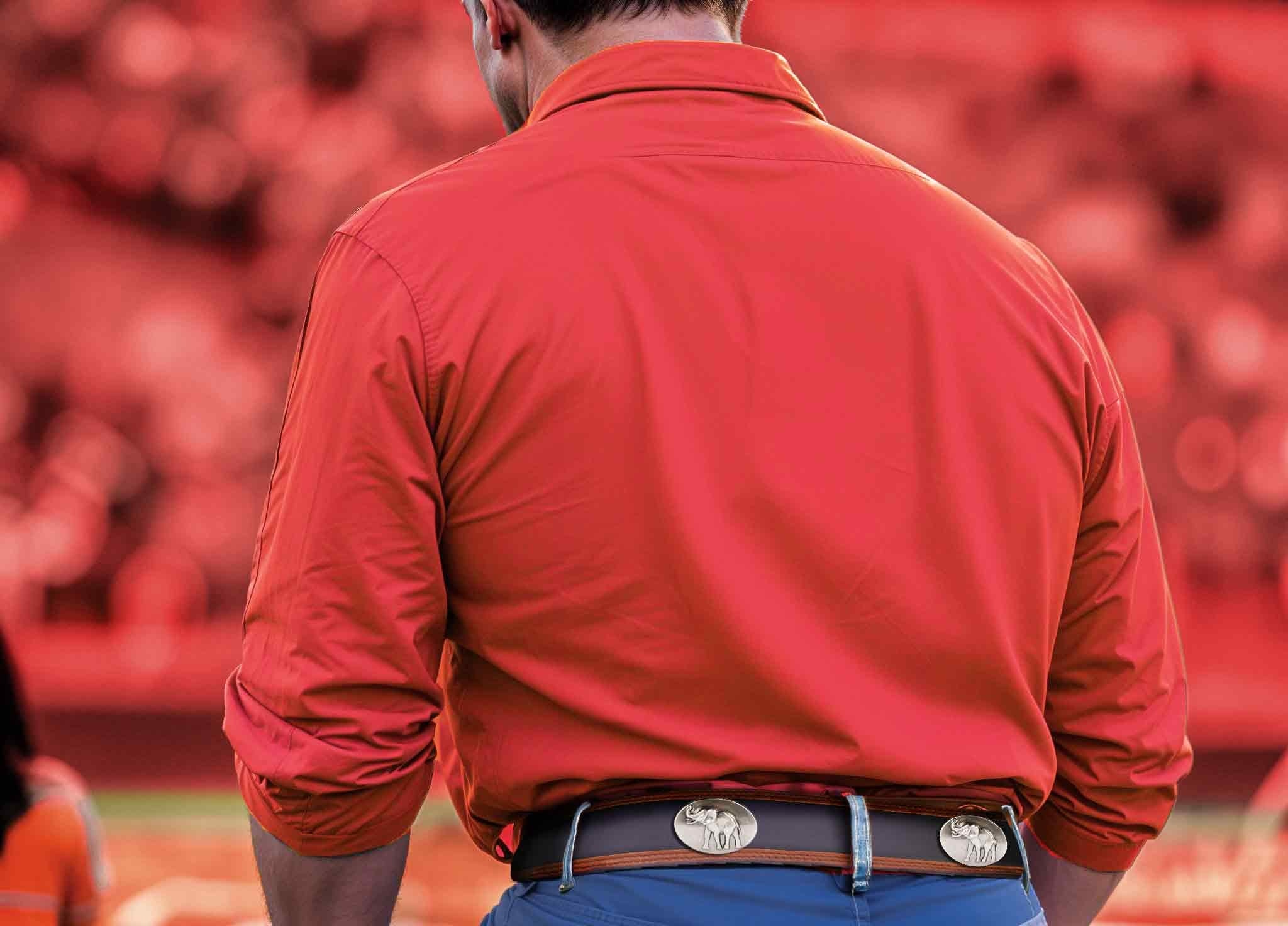 Alabama Crimson Tide Men's Collegiate Two Tone Leather Belt. Black With Brown Trim Full Grain Finish. Metal Emblem Conchos. Bama Gifts