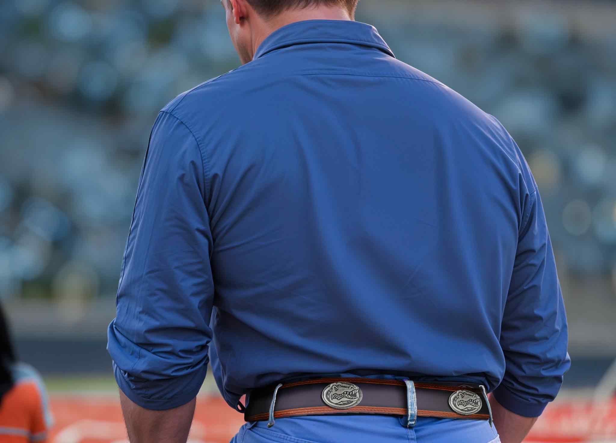 Florida Gators Men's Collegiate Two Tone Leather Belt. Black With Brown Trim Full Grain Finish. Metal Emblem Conchos. UF Gators Gifts