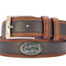 Florida Gators Men's Collegiate Two Tone Leather Belt. Black With Brown Trim Full Grain Finish. Metal Emblem Conchos. UF Gators Gifts