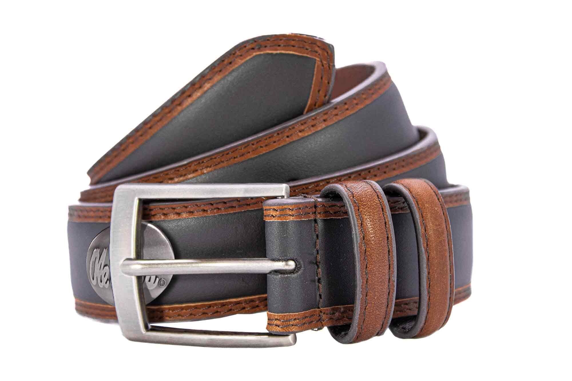 Ole Miss Rebels Men's Collegiate Two Tone Leather Belt. Black With Brown Trim Full Grain Finish. Metal Emblem Conchos. Ole Miss Gifts