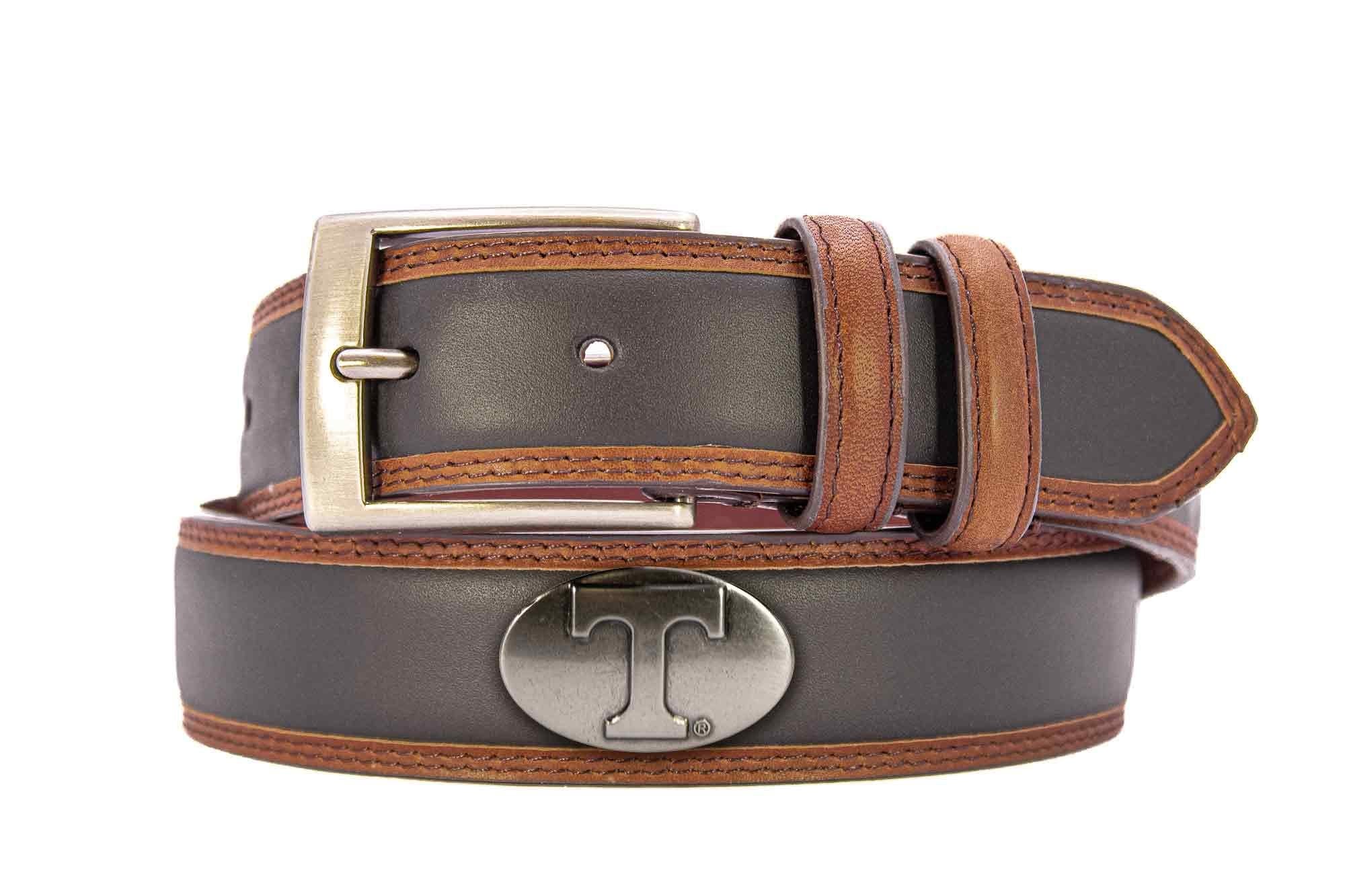Tennessee Vols Men's Collegiate Two Tone Leather Belt. Black With Brown Trim Full Grain Finish. Metal Emblem Conchos. UT Vols Gift