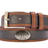 Tennessee Vols Men's Collegiate Two Tone Leather Belt. Black With Brown Trim Full Grain Finish. Metal Emblem Conchos. UT Vols Gift