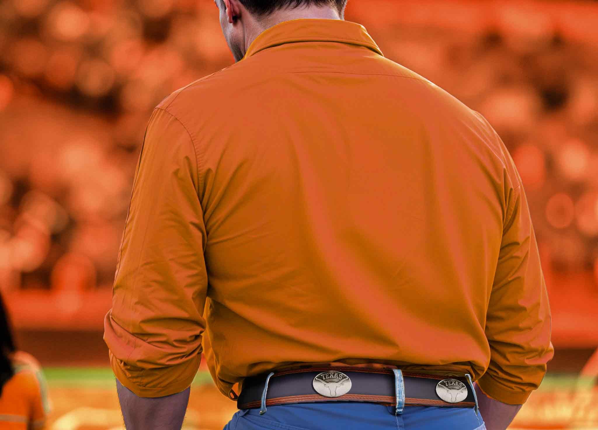 Texas Longhorns Men's Collegiate Two Tone Leather Belt. Black With Brown Trim Full Grain Finish. Metal Emblem Conchos. Texas Gifts