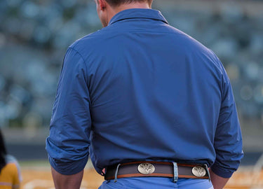 West Virginia Mountaineers Men's Collegiate Two Tone Leather Belt. Black With Brown Trim Full Grain Finish. Metal Emblem Conchos. WVU Gifts