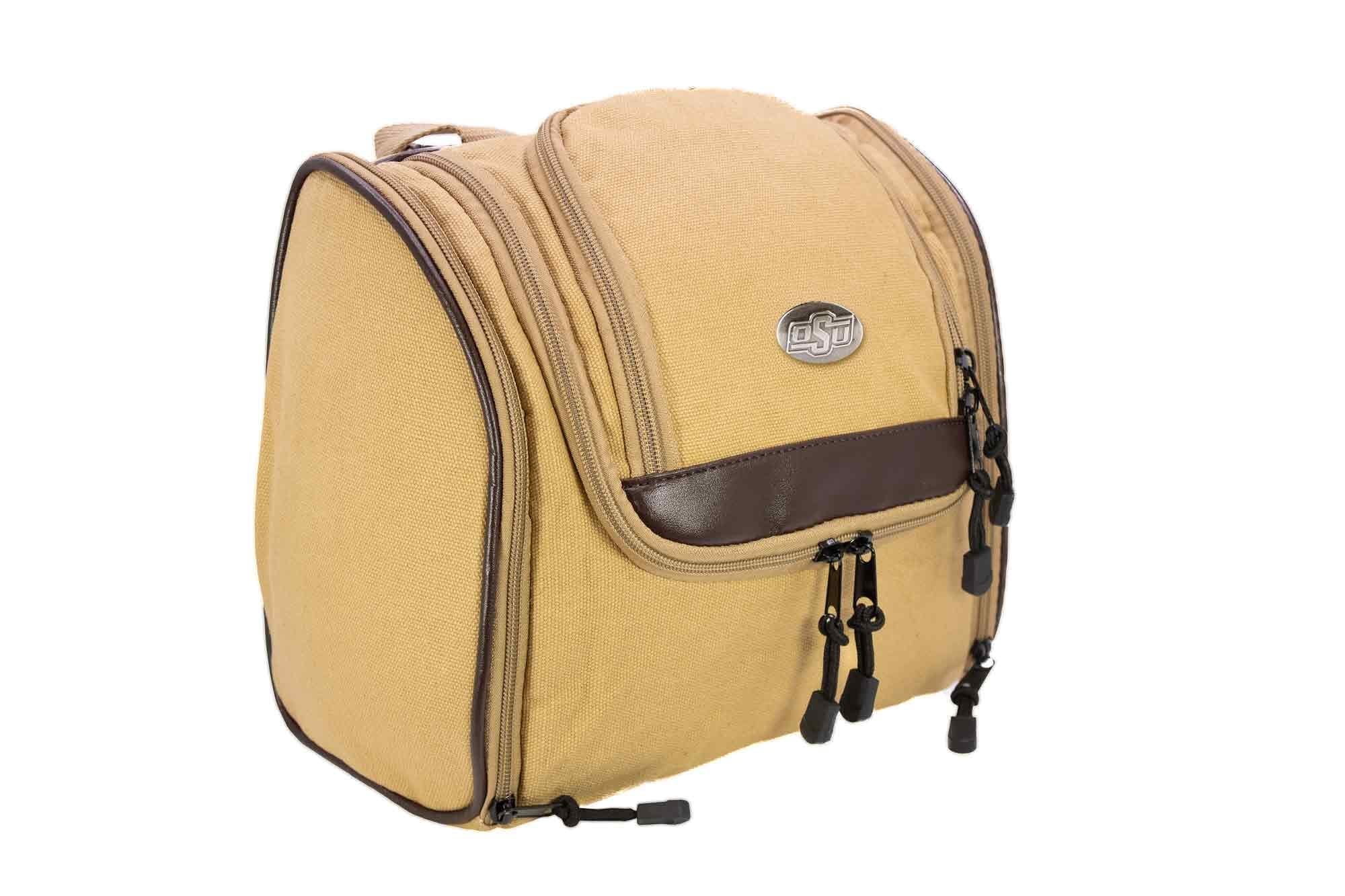 Oklahoma State Cowboys Men's Khaki Hanging Toiletry Bag. Durable Water Resistant Bag. Spacious Travel Design. Waxed Canvas Body. OSU Gifts