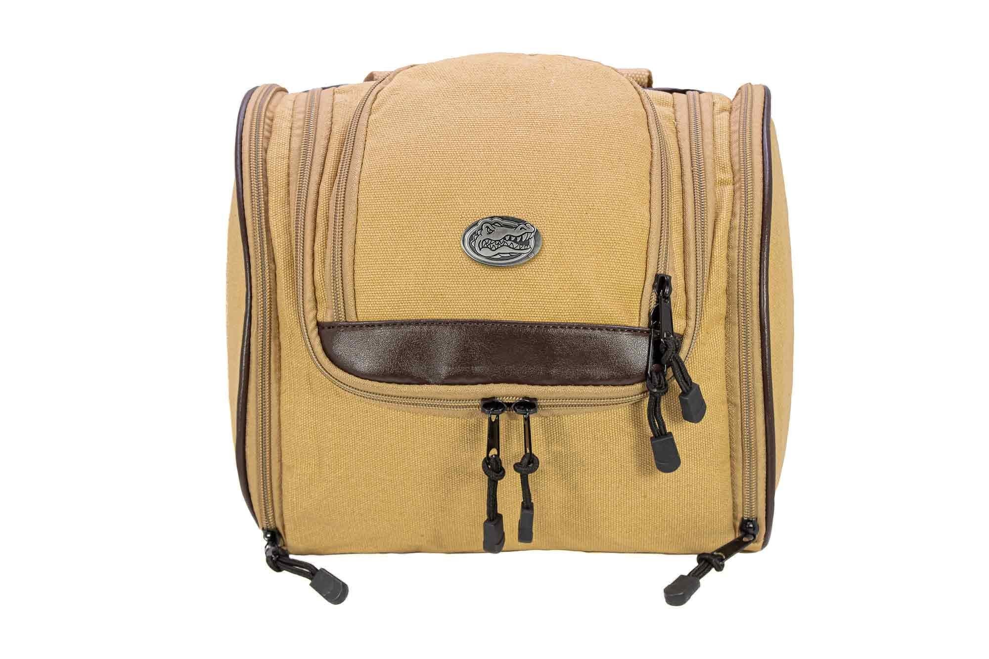 Florida Gators Men's Khaki Hanging Toiletry Bag. Durable Water Resistant Bag. Spacious Travel Design. Waxed Canvas Body. ECU Gifts