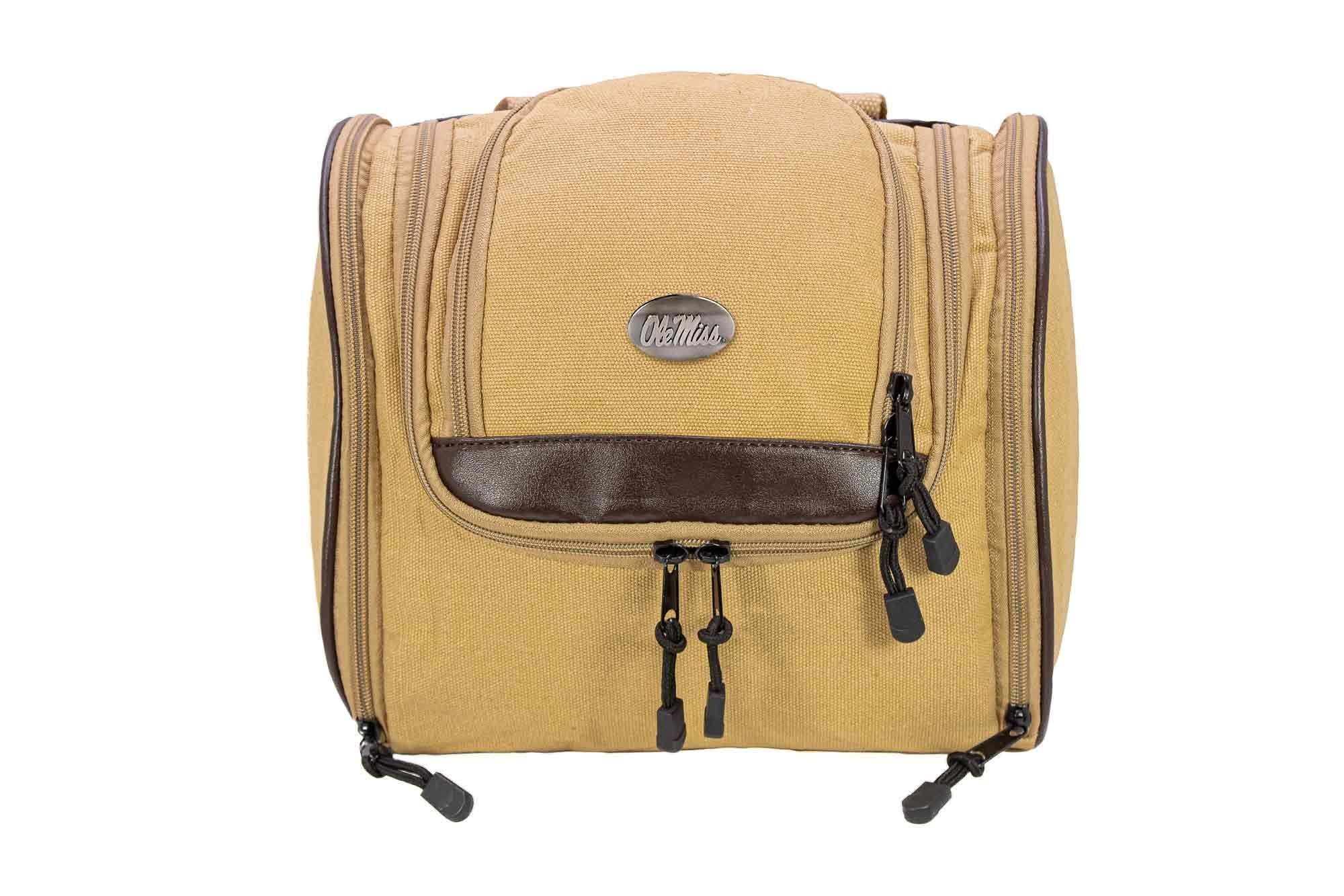 Ole Miss Rebels Men's Khaki Hanging Toiletry Bag. Durable Water Resistant Bag. Spacious Travel Design. Waxed Canvas Body. Ole Miss Gifts