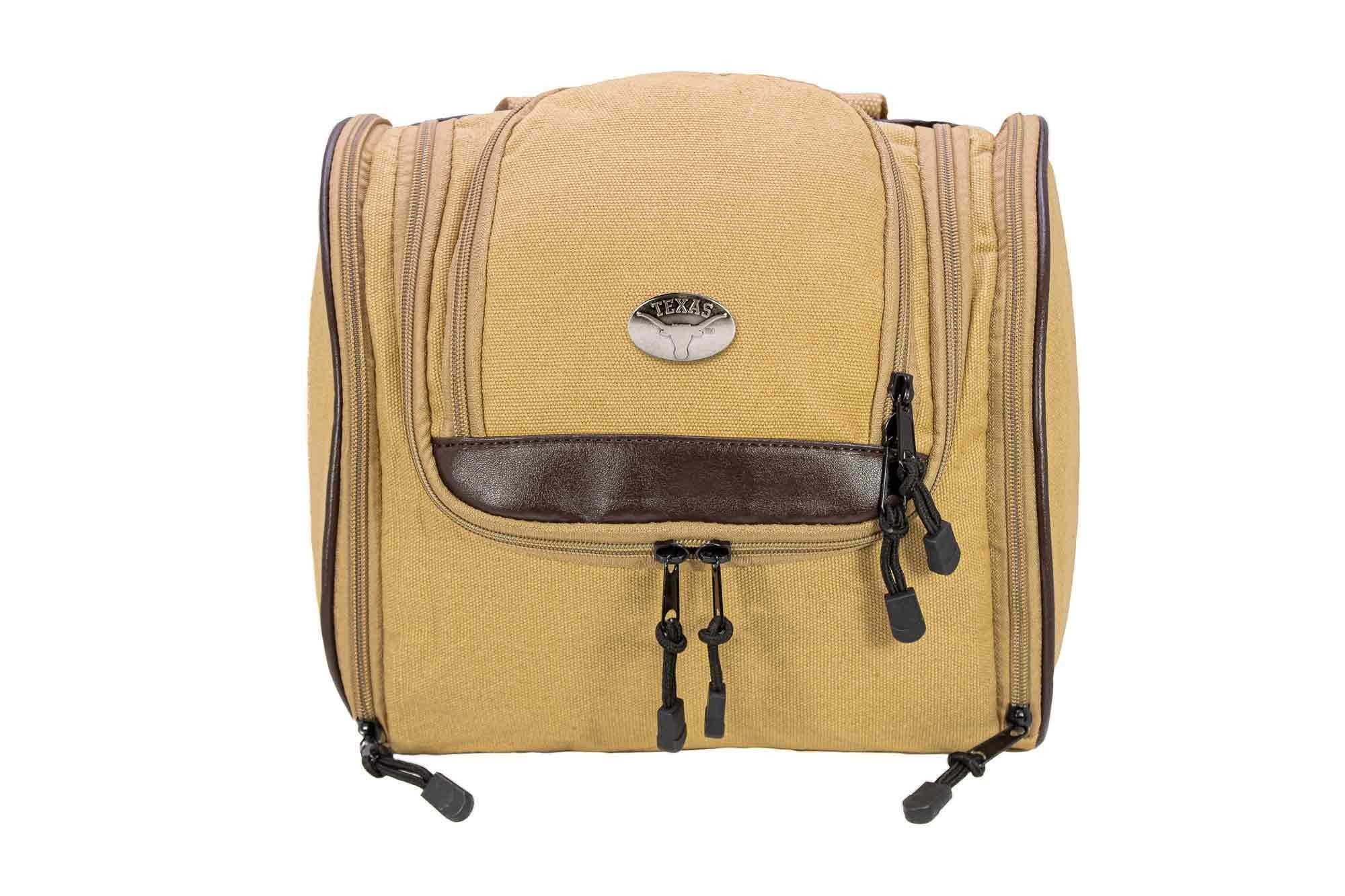 Texas Longhorns Men's Khaki Hanging Toiletry Bag. Durable Water Resistant Bag. Spacious Travel Design. Waxed Canvas Body. Texas Gifts