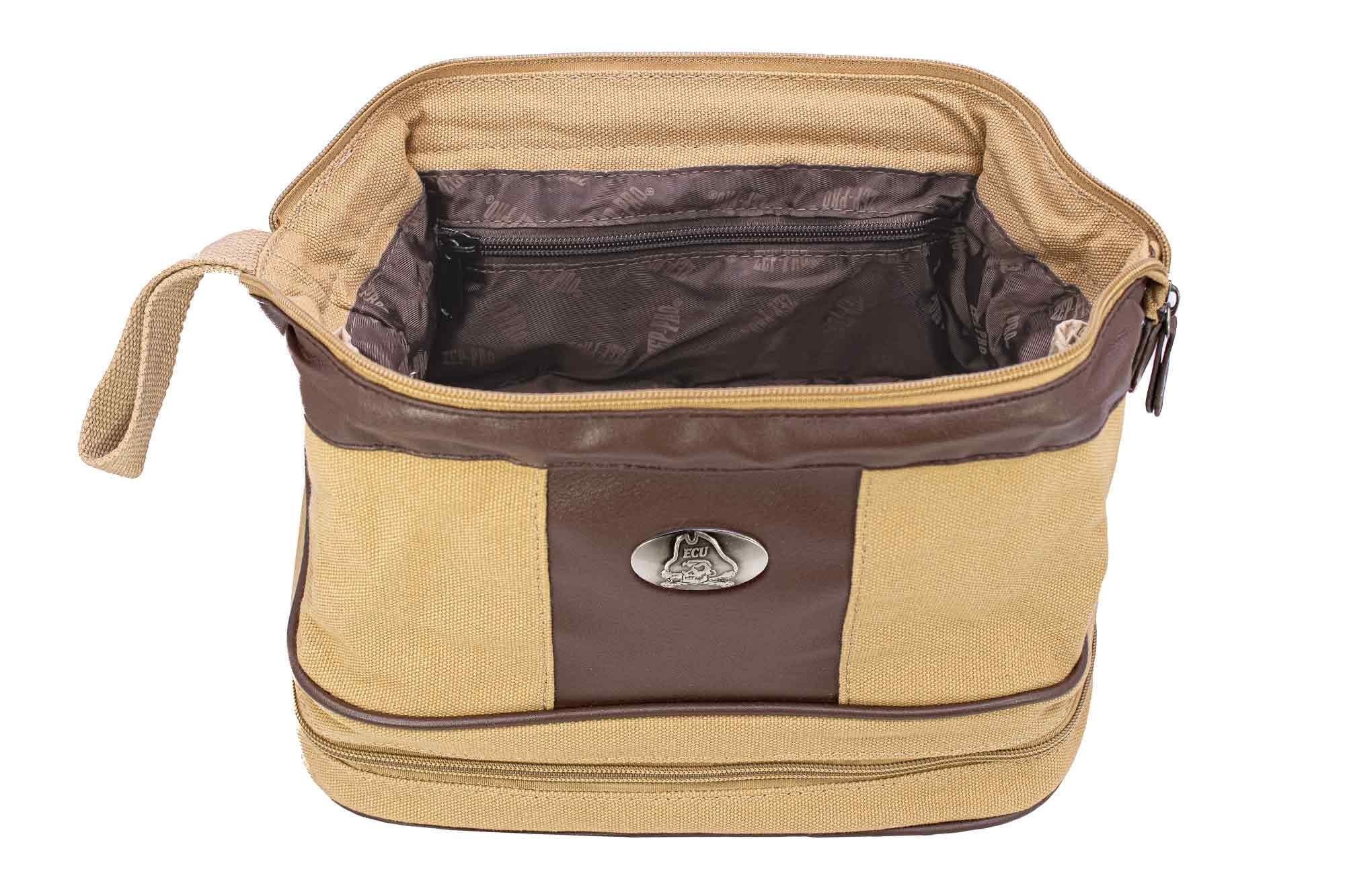ECU Pirates Men's Khaki Canvas Toiletry Bag. Durable Water Resistant Bag. Spacious Travel Design. Waxed Canvas Khaki Body. ECU Gifts