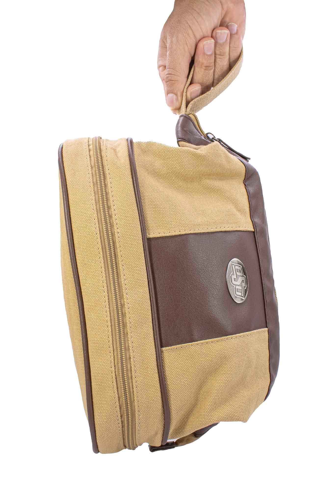 Oklahoma State Cowboys Men's Canvas Toiletry Bag. Durable Water Resistant Bag. Spacious Travel Design. Waxed Canvas Khaki Body. OSU Gifts