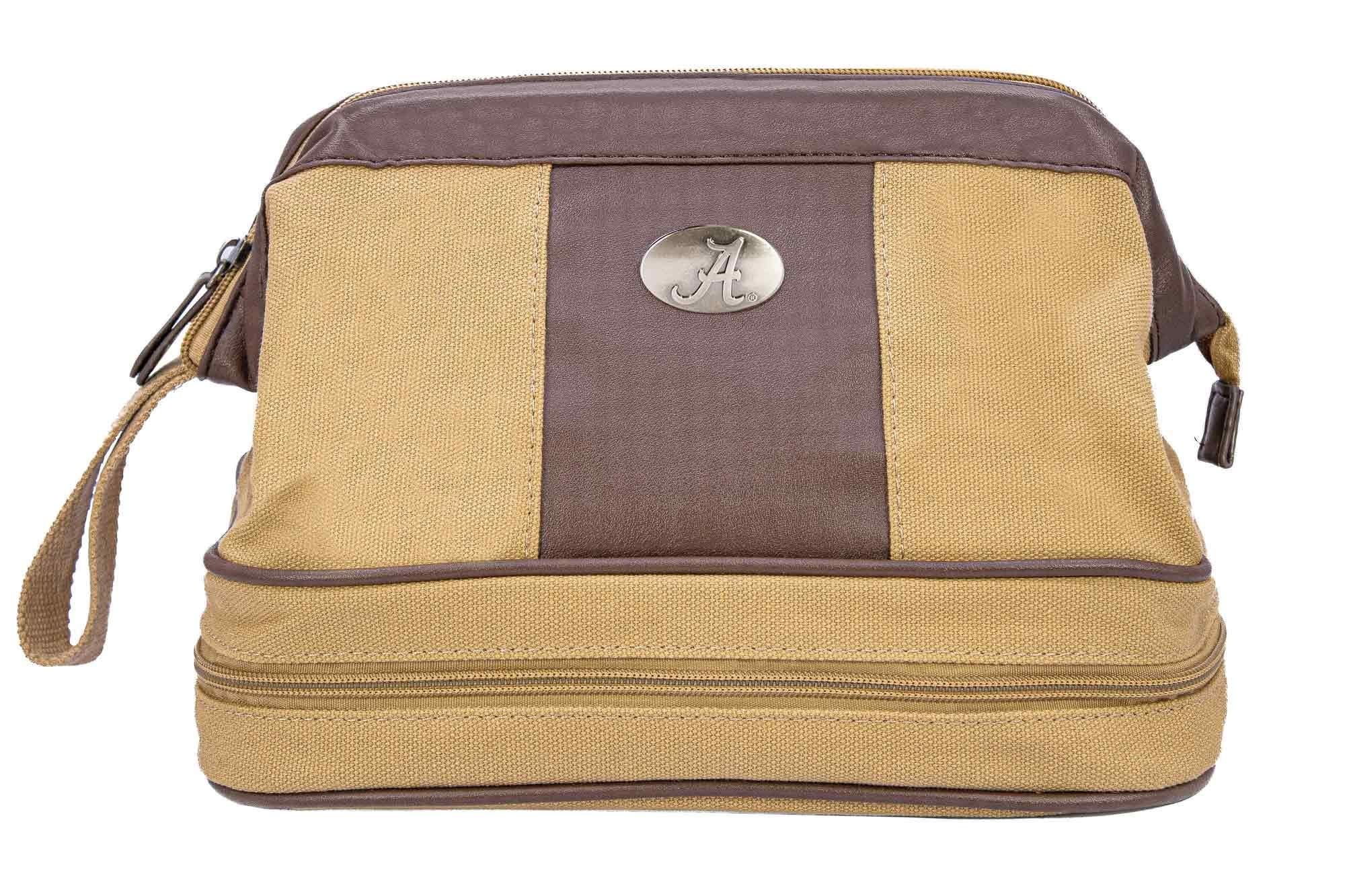 Alabama Crimson Tide Men's Canvas Toiletry Bag. Durable Water Resistant Bag. Spacious Travel Design. Waxed Canvas Khaki Body. Bama Gifts