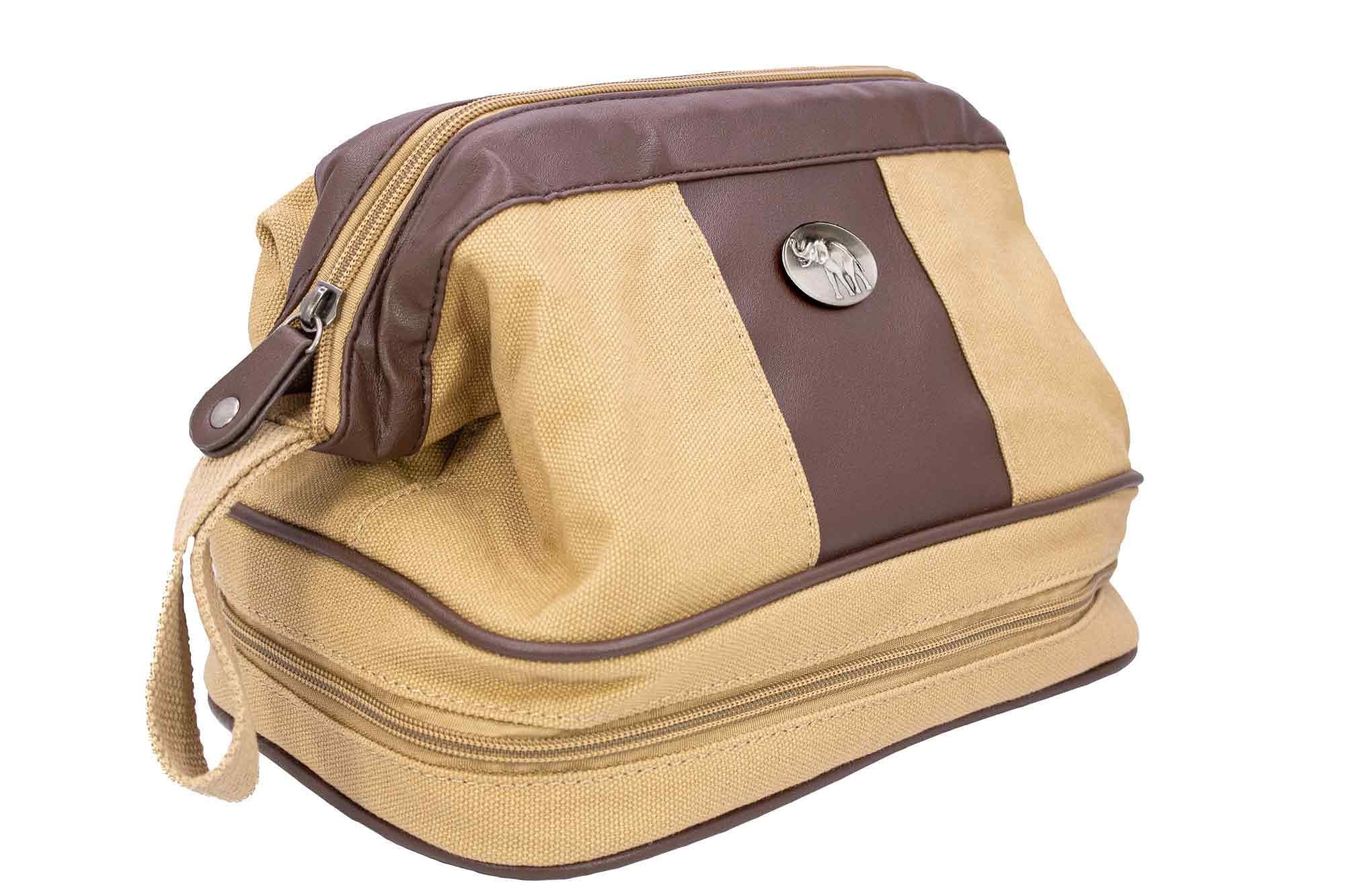 Alabama Crimson Tide Men's Canvas Toiletry Bag. Durable Water Resistant Bag. Spacious Travel Design. Waxed Canvas Khaki Body. Bama Gifts