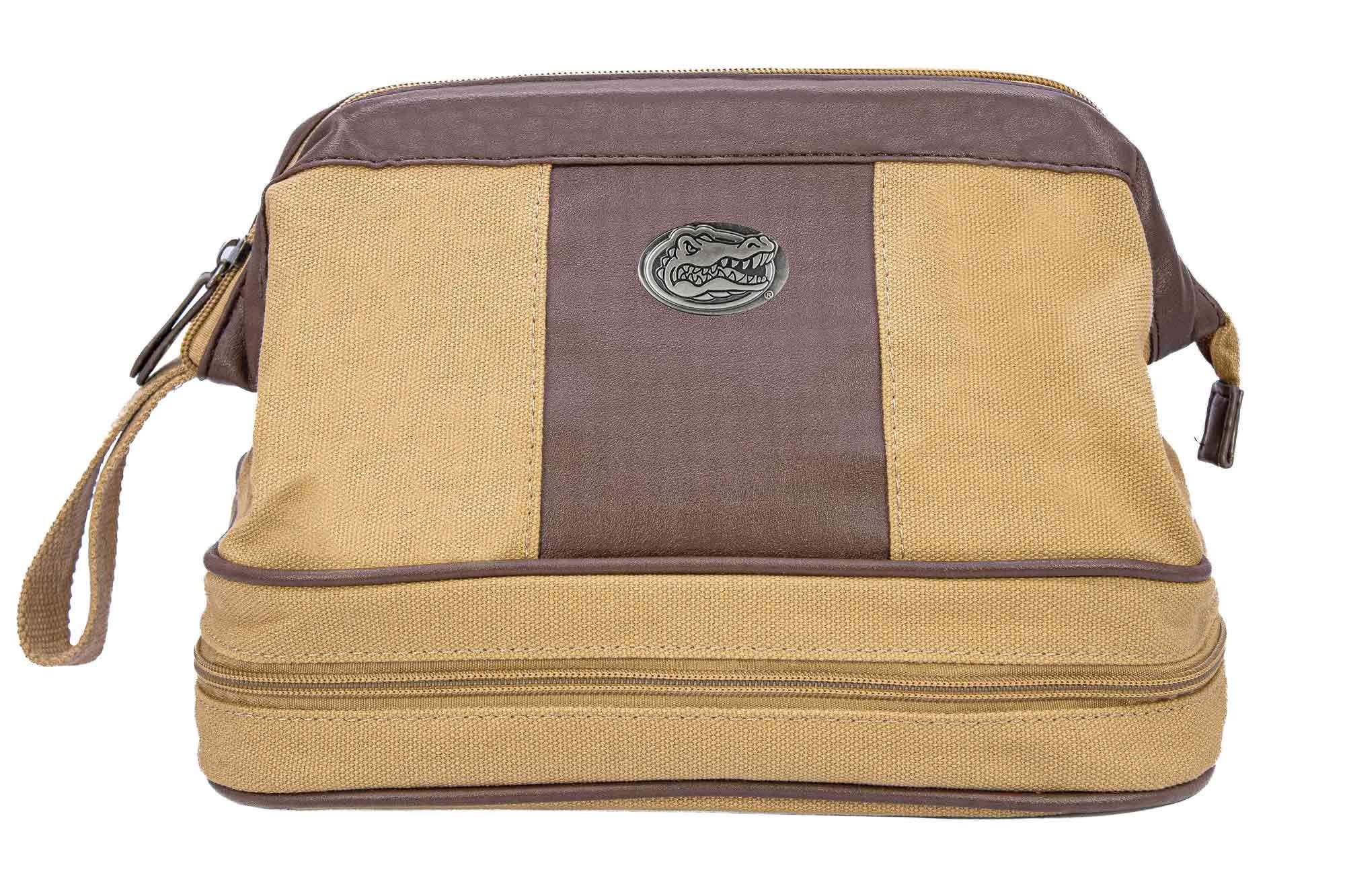 Florida Gators Men's Canvas Toiletry Bag. Durable Water Resistant Bag. Spacious Travel Design. Waxed Canvas Khaki Body. UF Gators Gifts