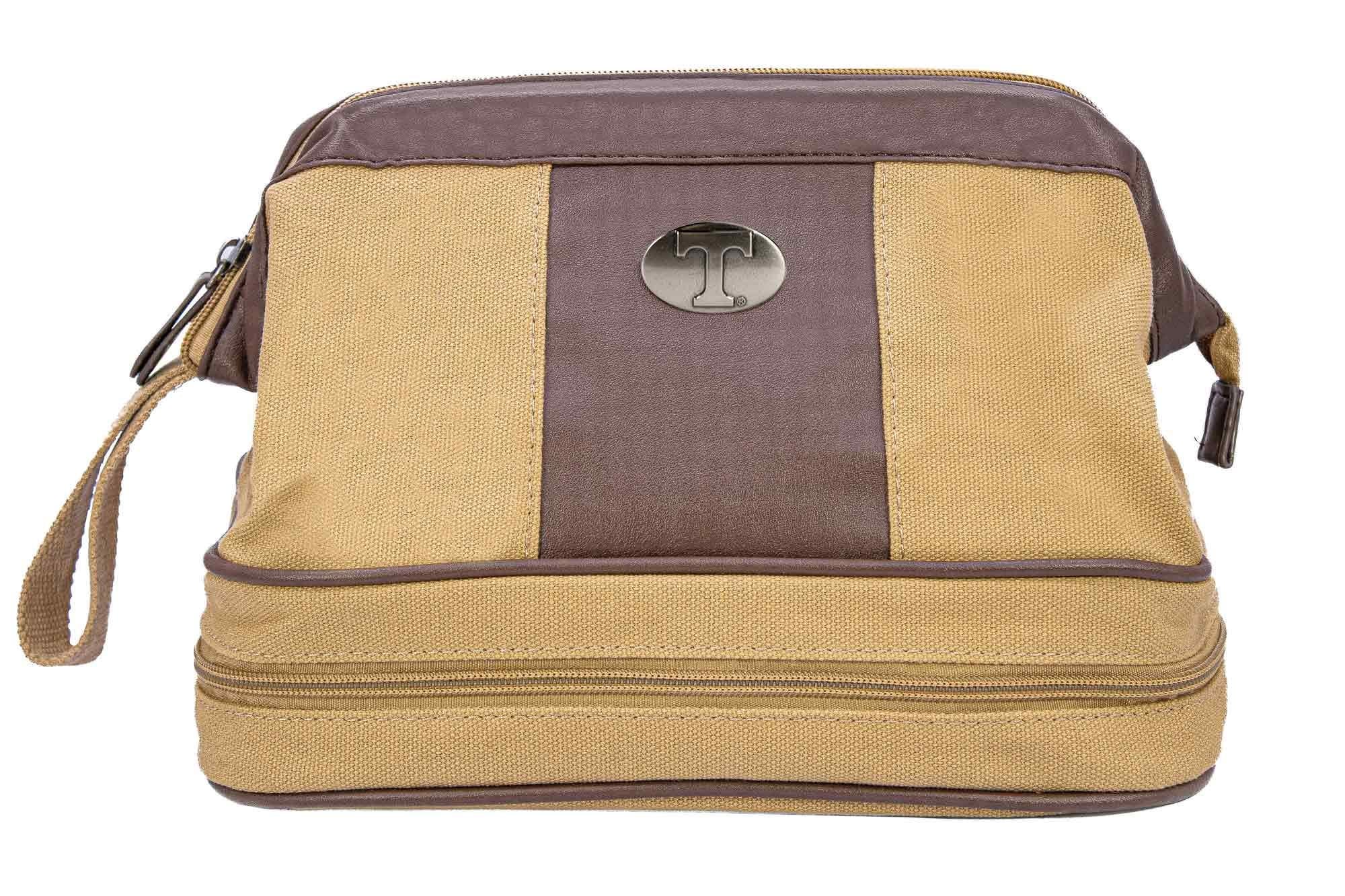 Tennessee Vols Men's Canvas Toiletry Bag. Durable Water Resistant Bag. Spacious Travel Design. Waxed Canvas Khaki Body. UT Vols Gifts